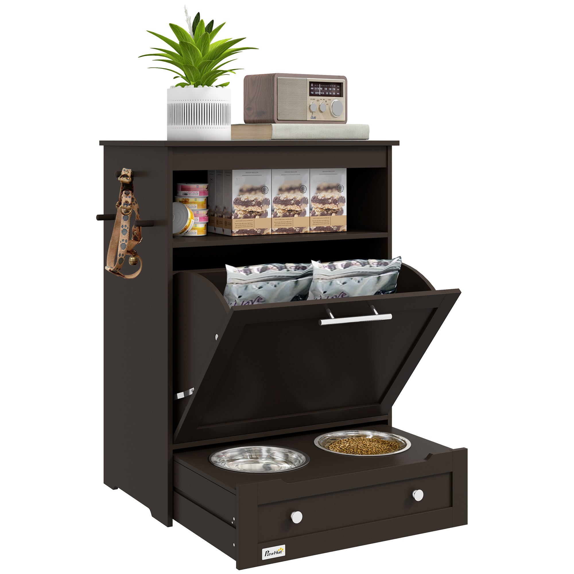 Pet Feeder Station Storage Cabinet, Dog Food Storage Container with Dog Raised Bowls, Watering Supplies, Coffee Dog Bowls at Gallery Canada