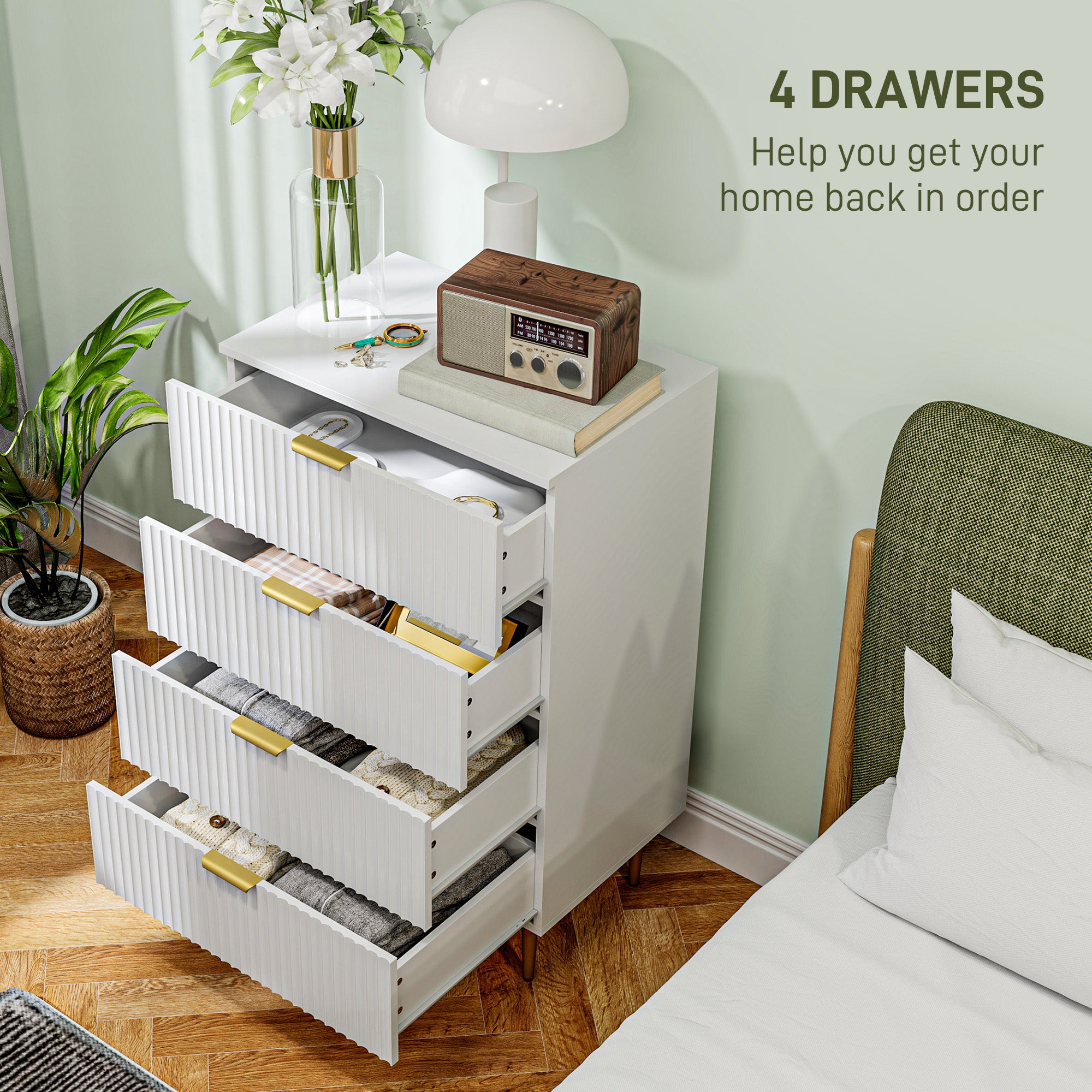 Modern Chest of Drawers 4 Drawer Dresser for Bedroom with Gold Legs and Handles, White Storage Cabinets at Gallery Canada