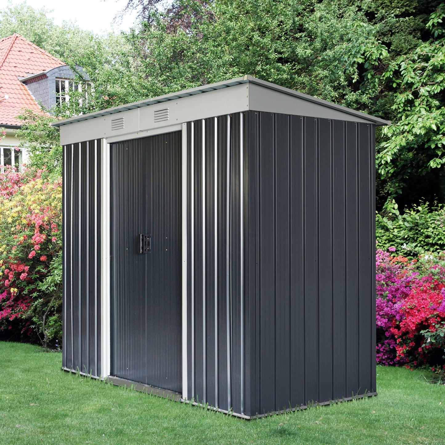 7' x 4' Outdoor Storage Shed, Metal Garden Tool Storage House Organizer with Lockable Sliding Doors and Vents for Backyard Patio Lawn, Charcoal Grey Sheds   at Gallery Canada