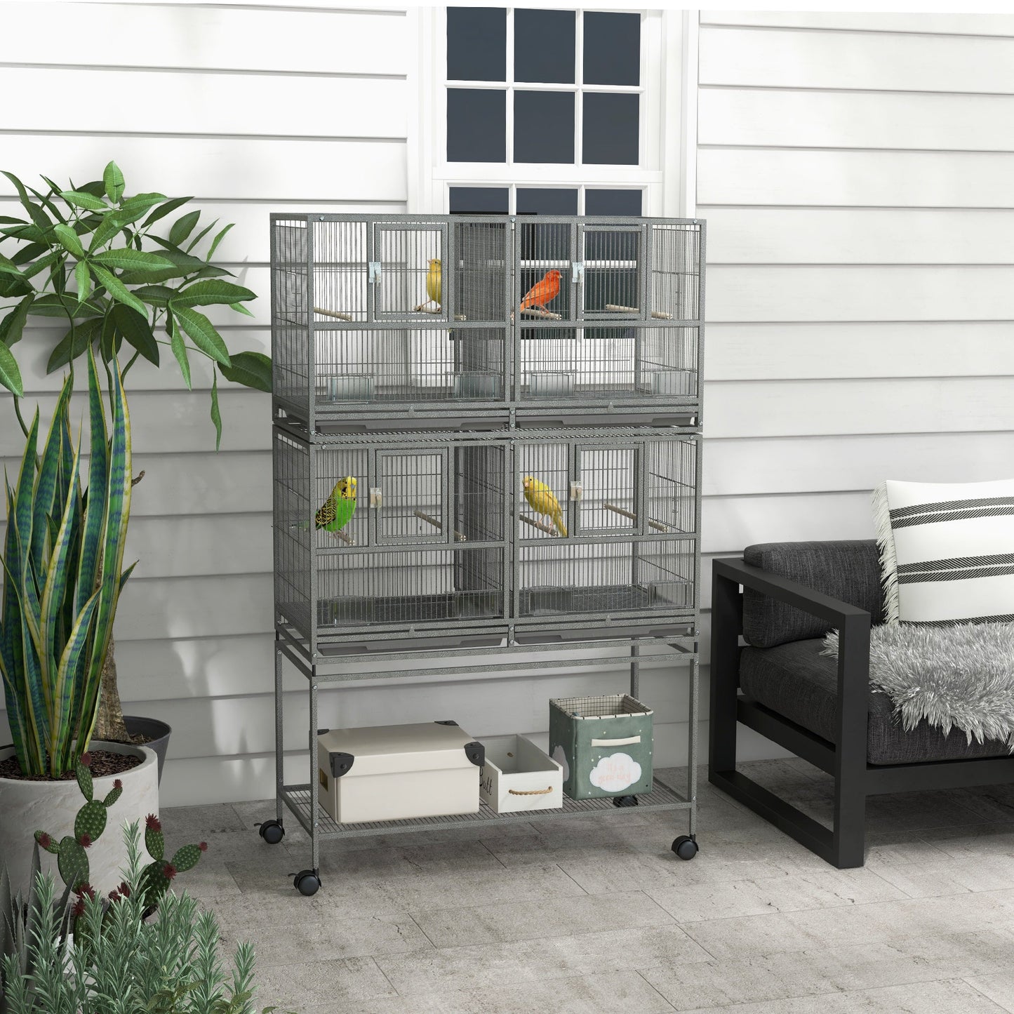 61"H Divided Breeder Bird Cage with Rolling Stand Removable Metal Tray, Storage Shelf, Wood Perch, and Food Container, Dark Grey Bird Cages   at Gallery Canada