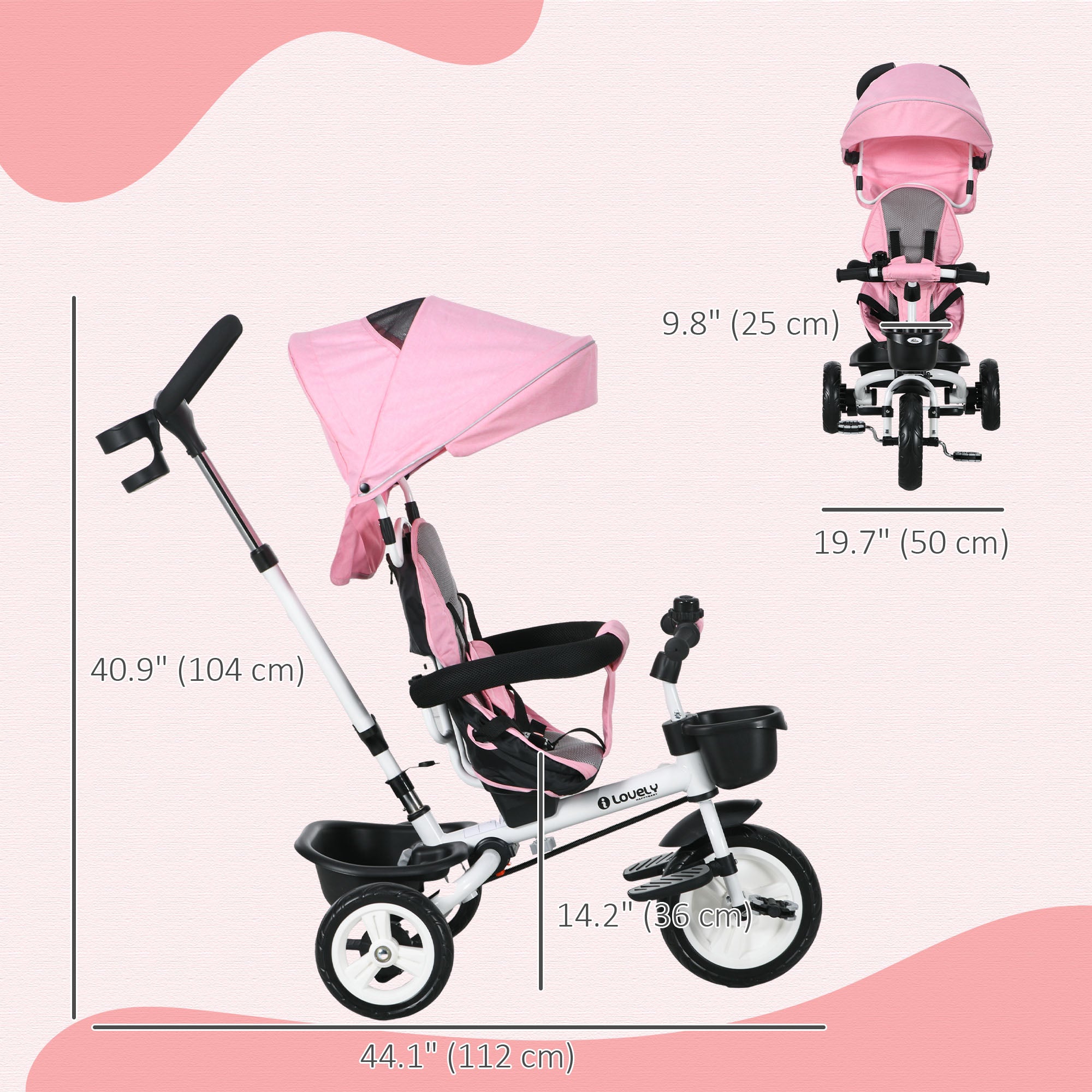 6 in 1 Toddler Tricycle with Parent Push Handle, Canopy, Storage Baskets, Cupholder, Pink Tricycles for Kids at Gallery Canada