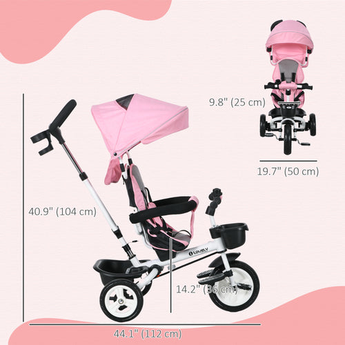 6 in 1 Toddler Tricycle with Parent Push Handle, Canopy, Storage Baskets, Cupholder, Pink