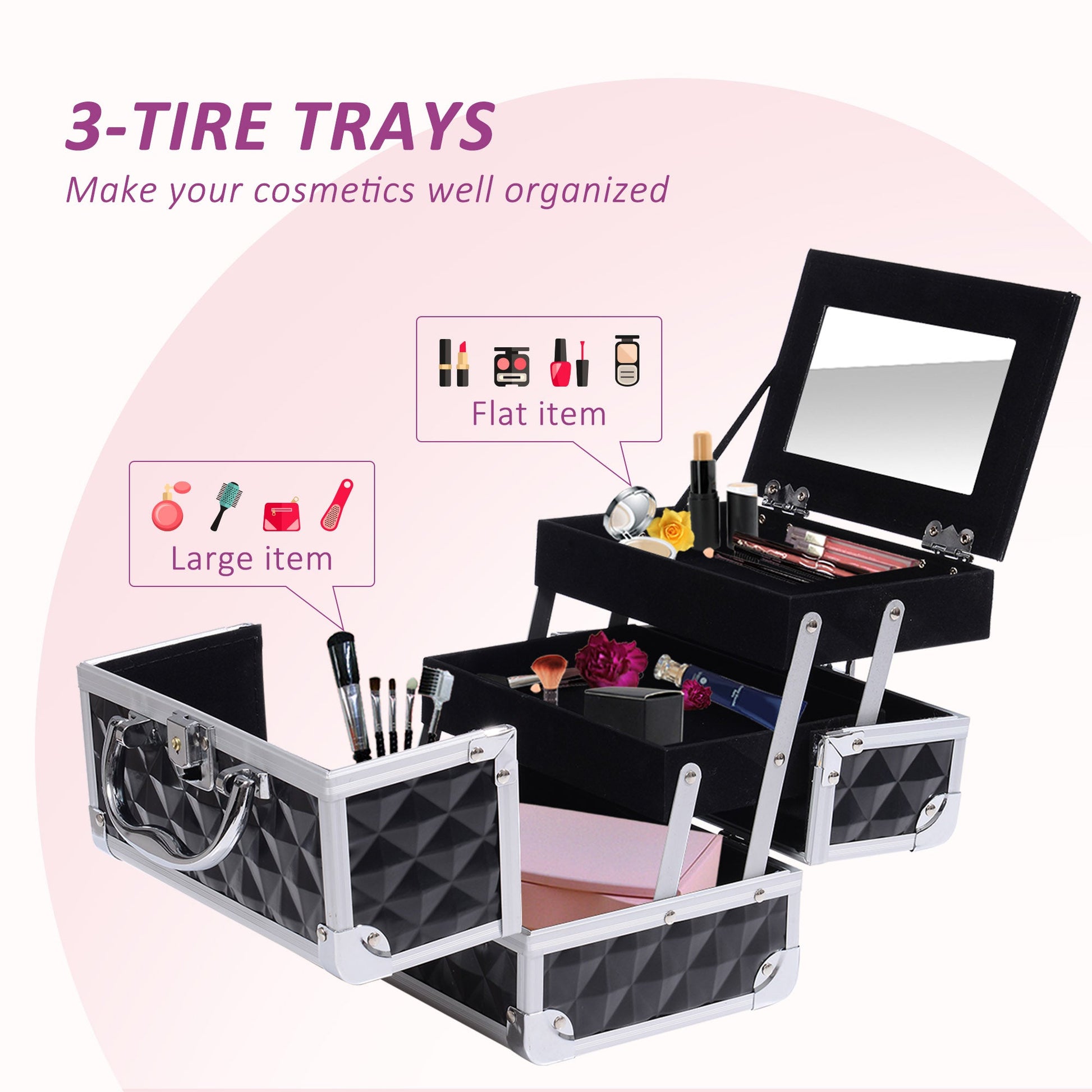 3 Tier Diamond Texture Makeup Train Case Cosmetic Organizer with Mirror, Black Makeup Cases   at Gallery Canada