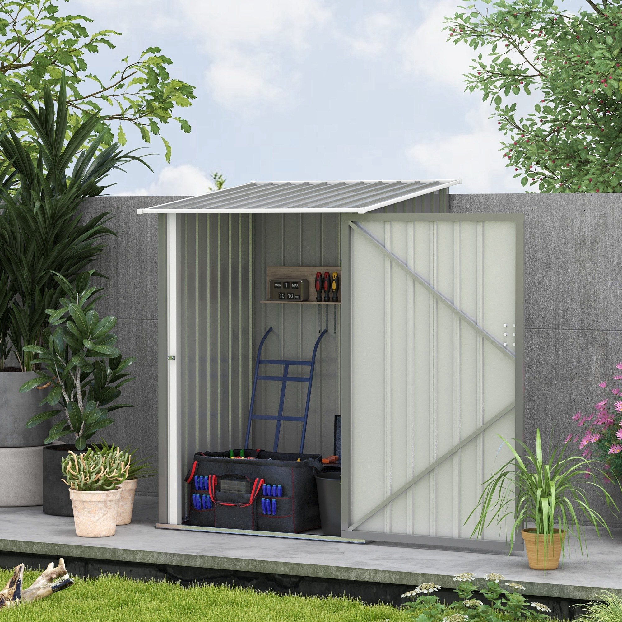 3.3' x 3.4' Lean-to Garden Storage Shed, Outdoor Galvanized Steel Tool House with Lockable Door for Patio Grey Sheds at Gallery Canada