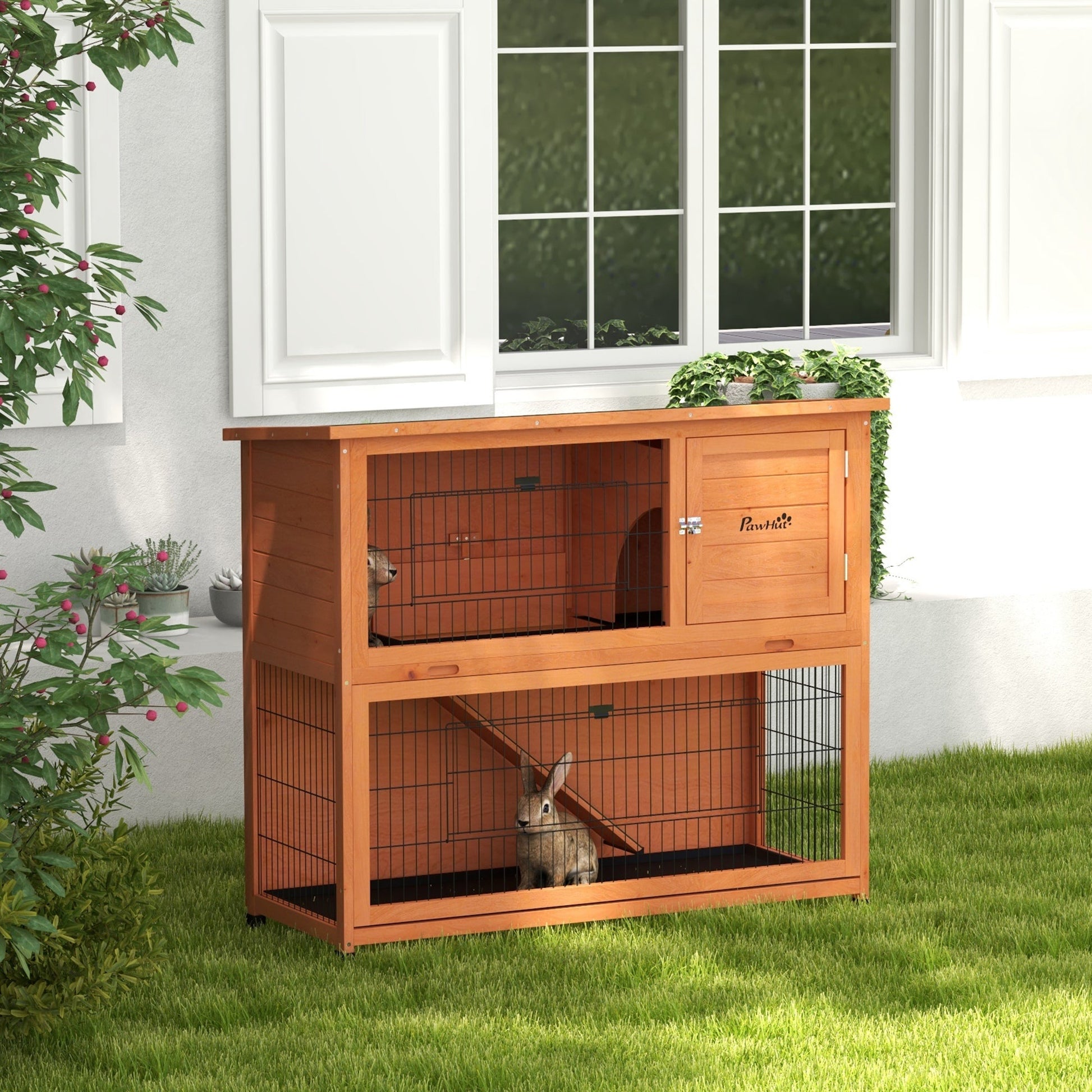 Wooden Rabbit Hutch with Trays, Ramp, Asphalt Roof, Doors for 1-2 Rabbits, 47" x 20" x 40", Orange Rabbit Hutch   at Gallery Canada