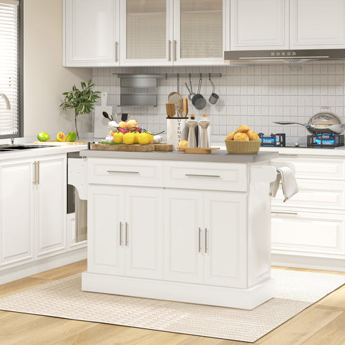 Rolling Kitchen Island with Storage and Stainless Steel Top, Kitchen Trolley with Drawers, Cabinets, Towel Rack, Cream