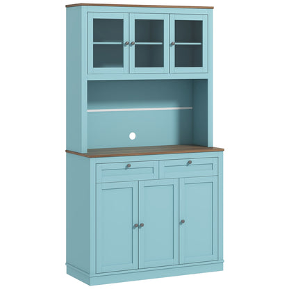 71" Kitchen Pantry Cabinet with Microwave Space, Buffet with Hutch, 2 Drawers, Adjustable Shelves and Glass Doors, Blue Kitchen Pantry Cabinets   at Gallery Canada