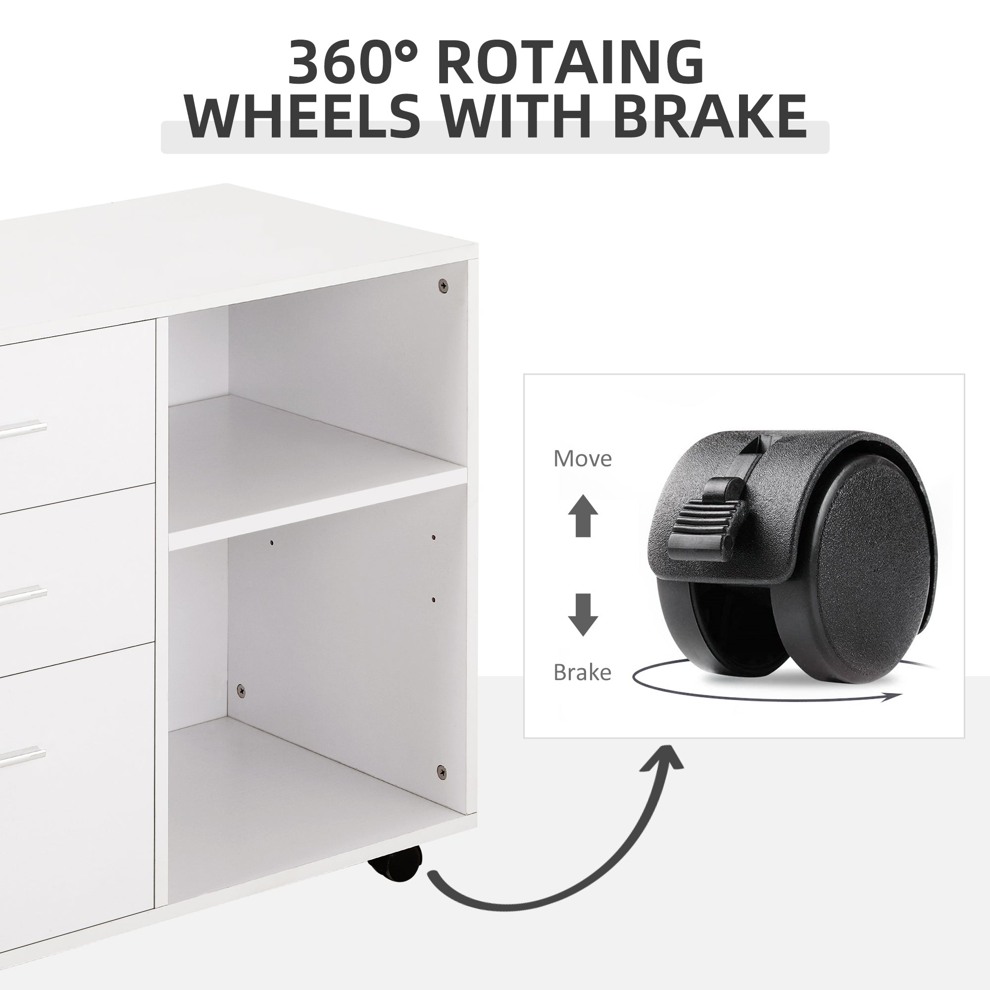 Modern Lateral Filing Cabinet, 3 Drawer File Cabinet for Letter and A4 Size Documents, Mobile, Printer Stand with Open Shelves, Rolling Wheels, White Office Cabinets & Cupboards at Gallery Canada