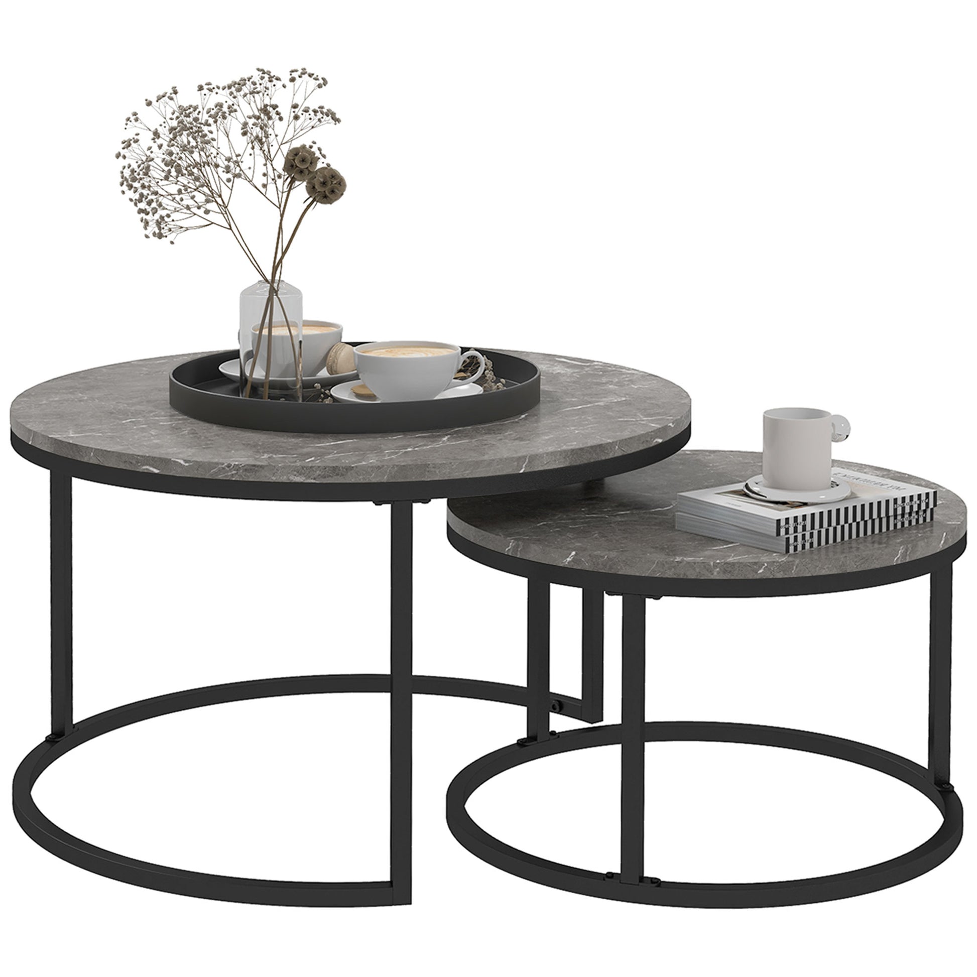 Modern Coffee Table Set of 2, Nesting Side Tables w/ Metal Base for Living Room Bedroom Office Faux Marbled Grey Coffee Tables   at Gallery Canada