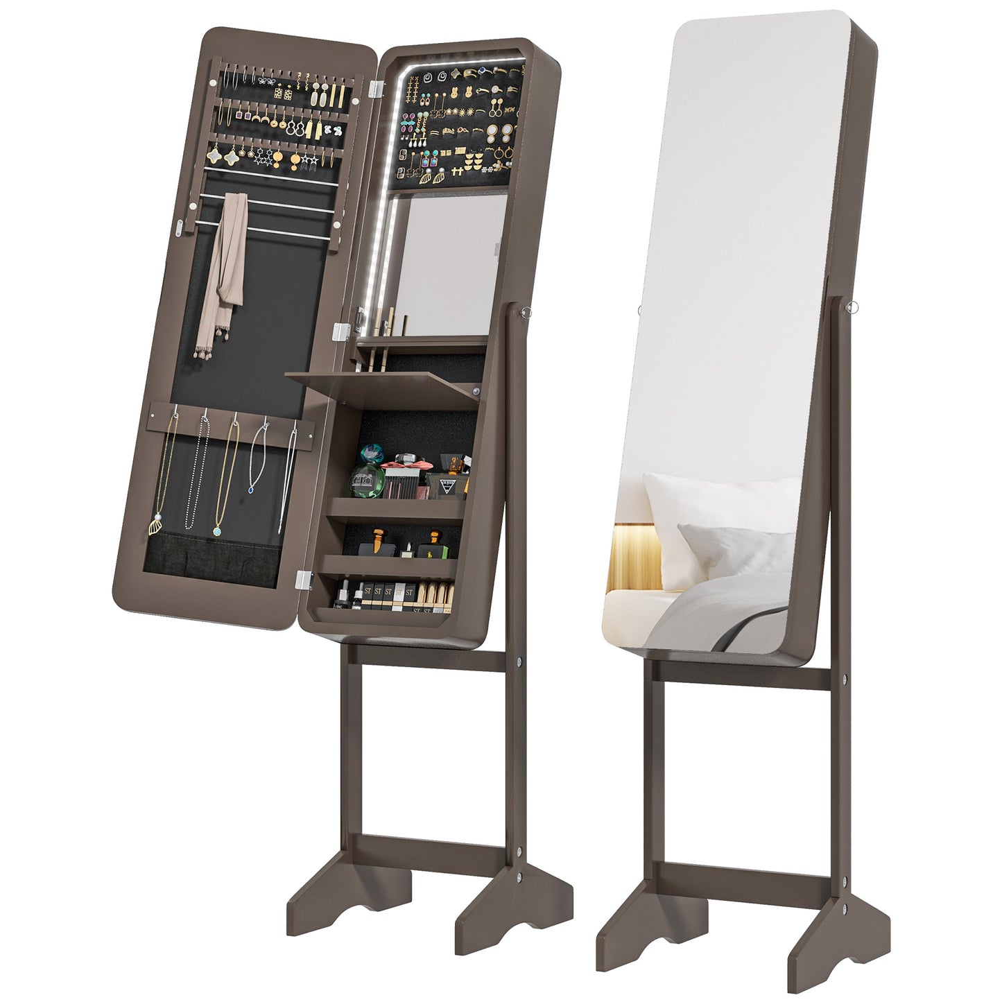 Standing Mirror Jewelry Cabinet, Jewelry Storage Cabinet with LED Lights and Angle Adjustable Full Length Mirror, Brown Jewelry Armoire & Jewellery Mirror Cabinets   at Gallery Canada