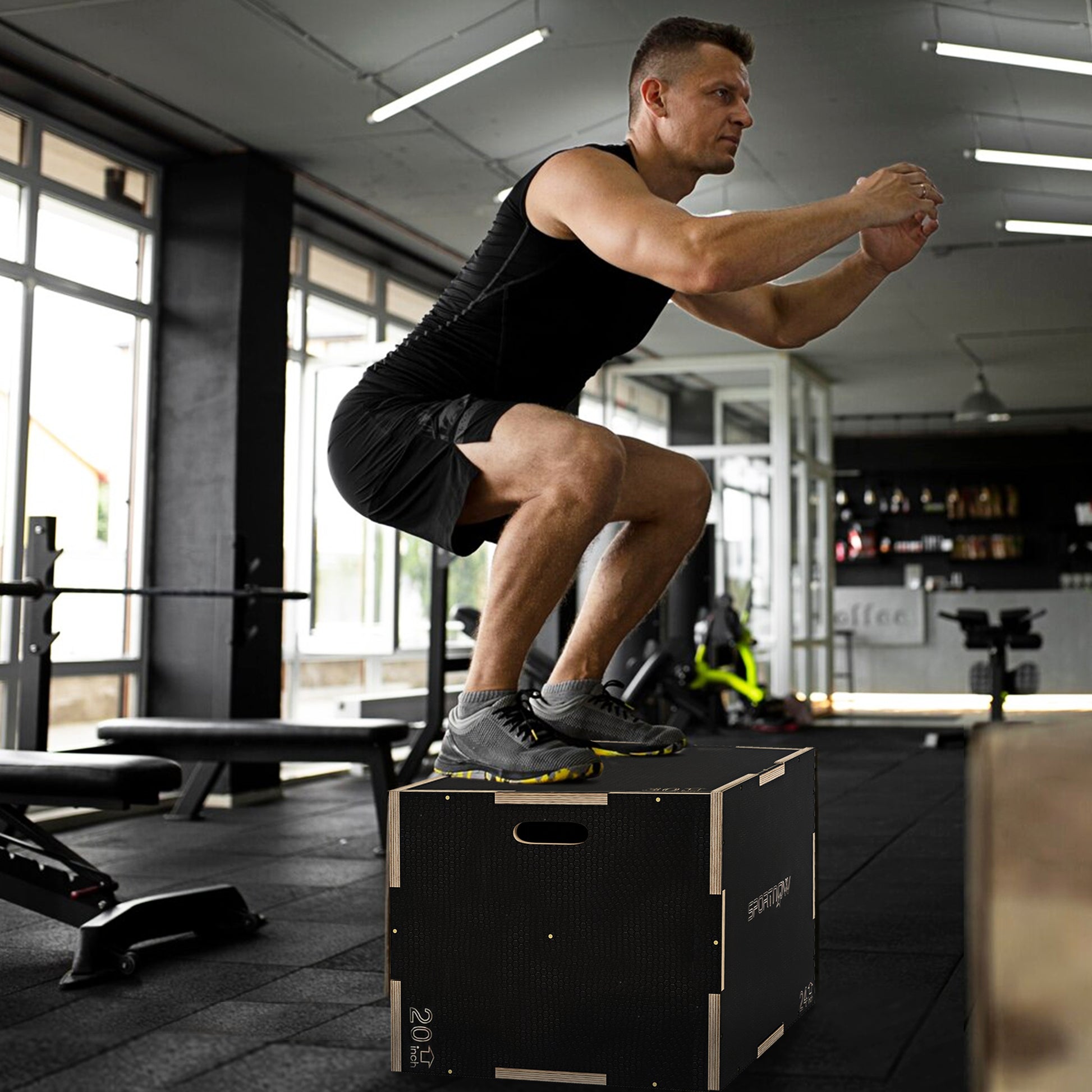 30/24/20 In Wooden Plyometric Jump Box with Handle Openings for Home Gym Workout Training More-Strength Training Equipment Black  at Gallery Canada