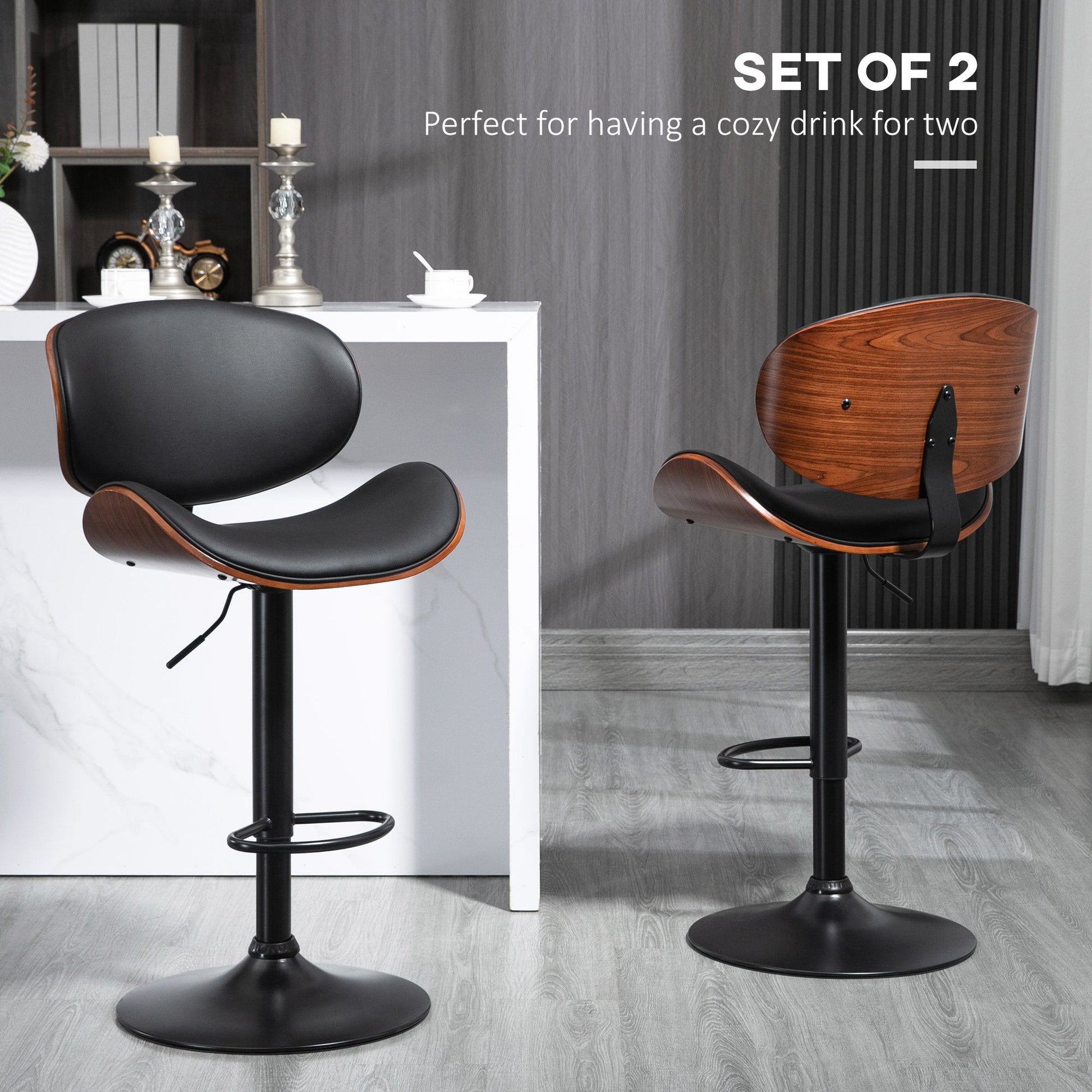 Bar Stools Set of 2, Modern PU Leather Adjustable Swivel Barstools with Curved Back, Footrest and Steel Base, Black Bar Stools   at Gallery Canada