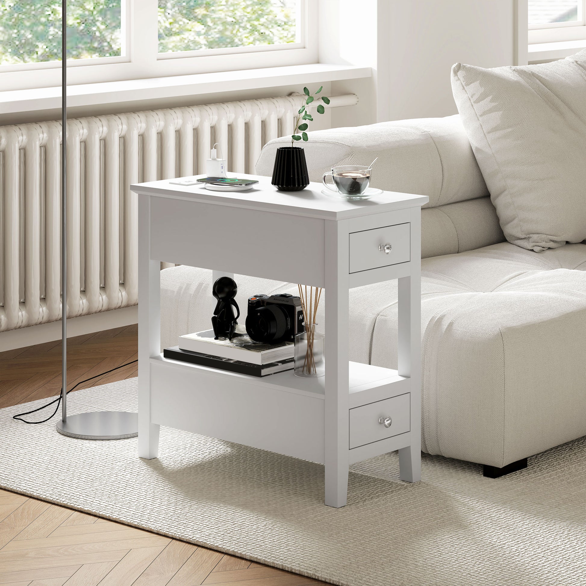 Narrow Side Table with Charging Station, USB Ports, Modern End Table with Storage Shelf, Drawers for Living Room, White Side Tables   at Gallery Canada