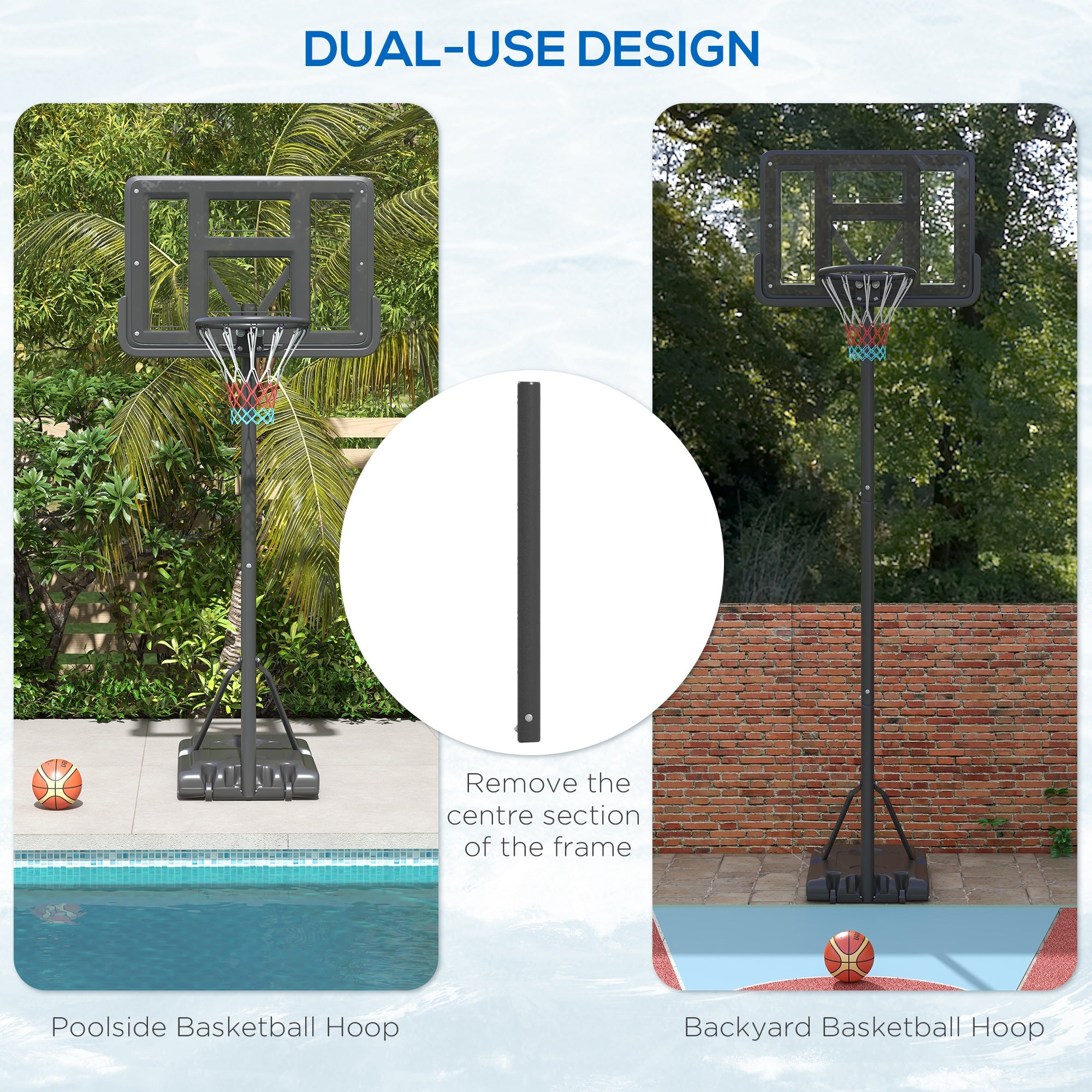 7.5-10FT Portable Basketball Hoop, Dual-use for Swimming Pool or Backyard, Basketball Net Goal with 43.25