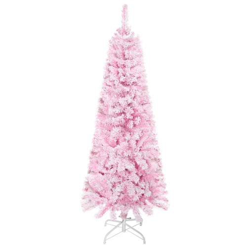 4 ft Flocked Pencil Christmas Tree, Artificial Christmas Tree with Realistic Branches, Auto Open and Steel Base, Pink