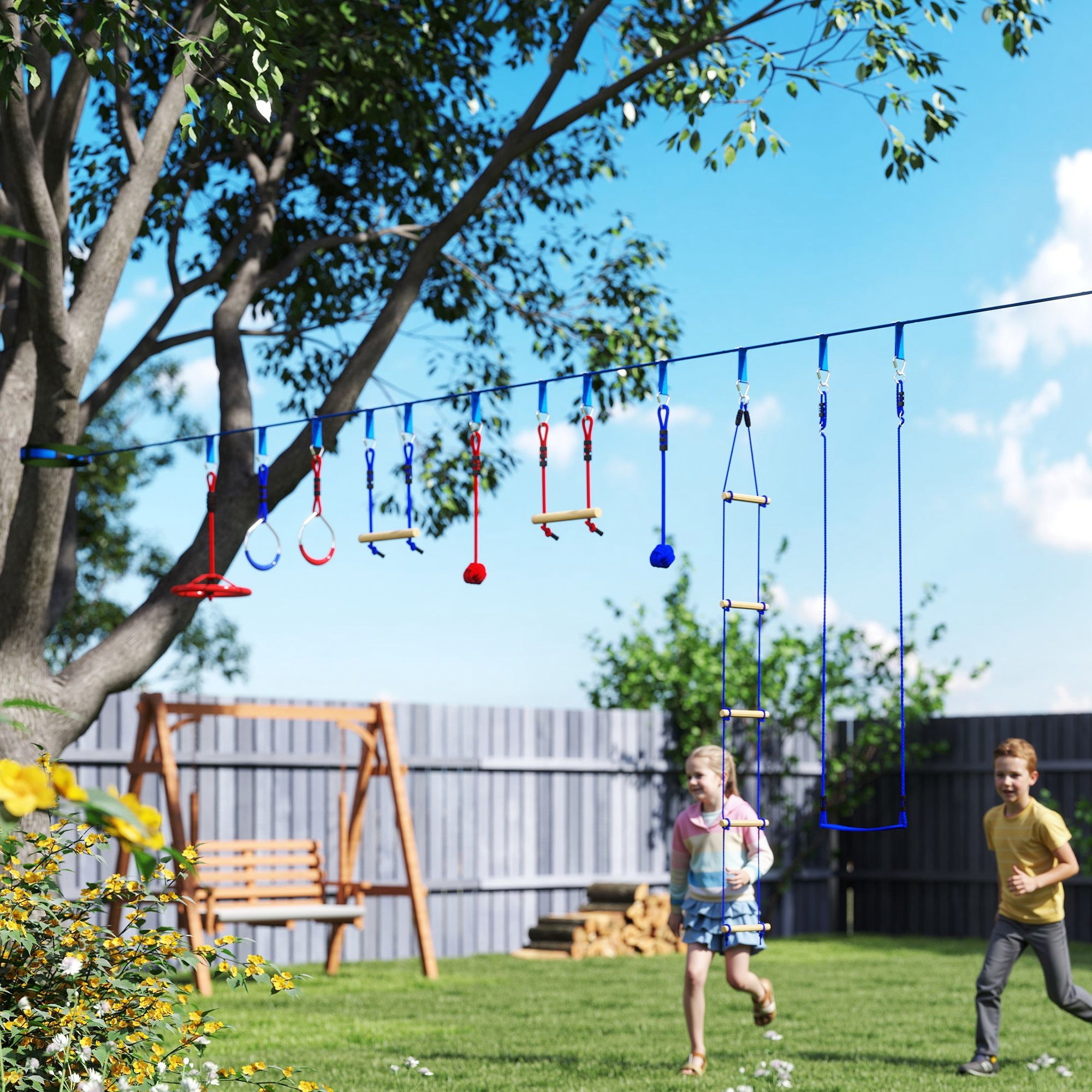 32.8' Ninja Warrior Obstacle Course for Kids 3-6 Years, with Swing, Monkey Bars, Climbing Ladder, Gym Rings, Blue Gym Sets & Swings at Gallery Canada