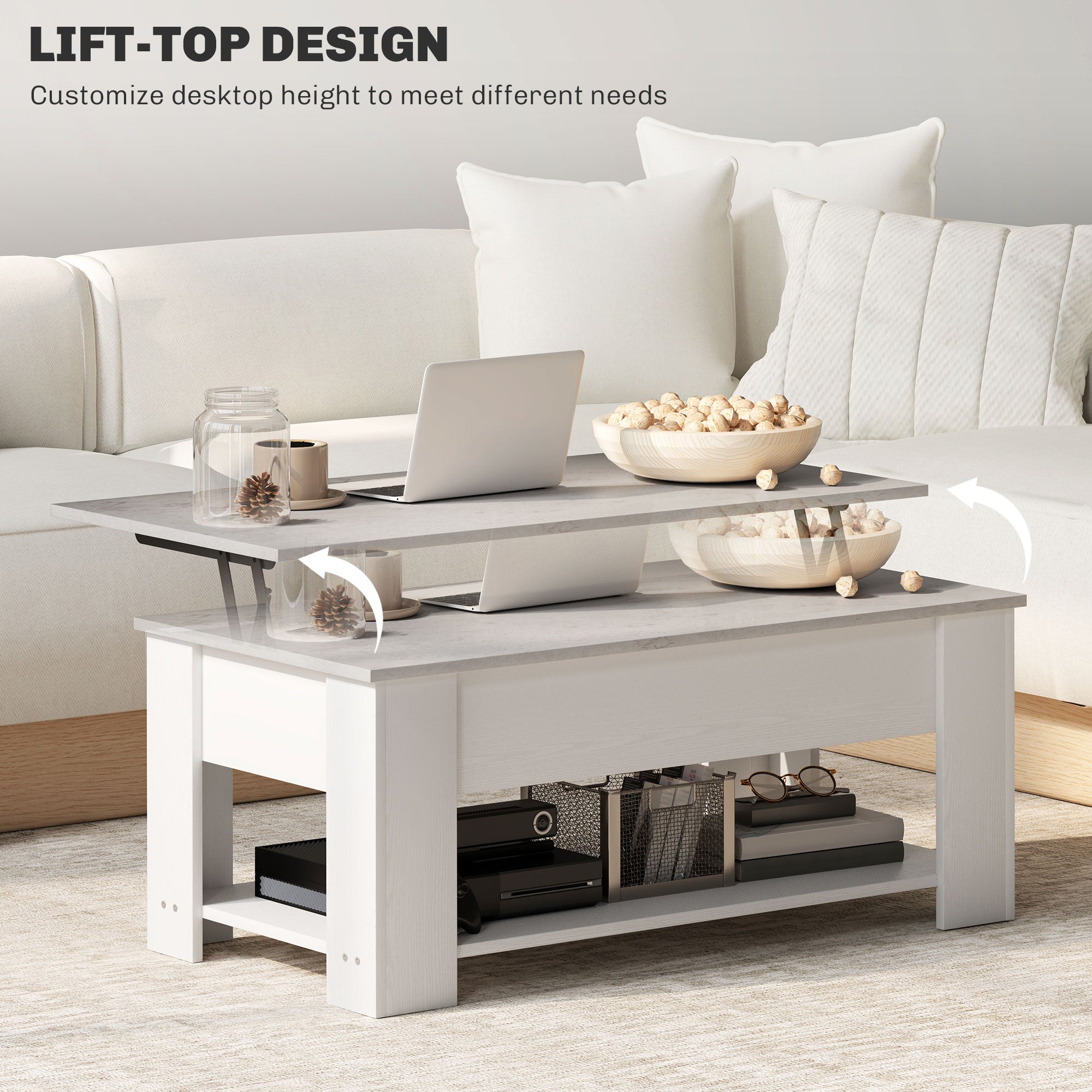 Lift Top Coffee Table with Hidden Storage Compartment and Open Shelf, Center Table for Living Room, White Coffee Tables   at Gallery Canada