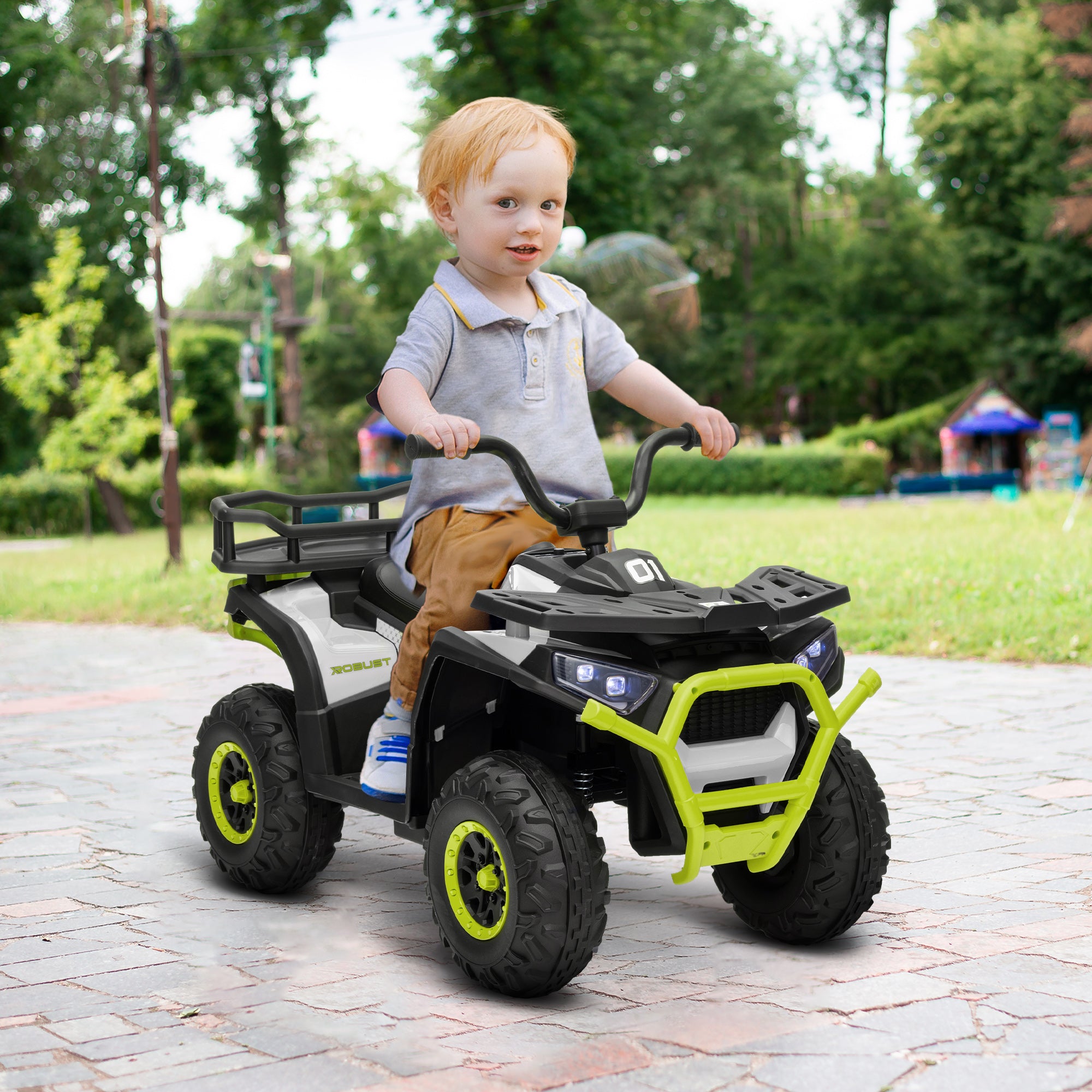 Kids ATV, 12V Battery Powered Electric Ride on Toy w/ Spring Suspension, Storage Basket, High &; Low Speed, Green Electric Ride On Toys at Gallery Canada