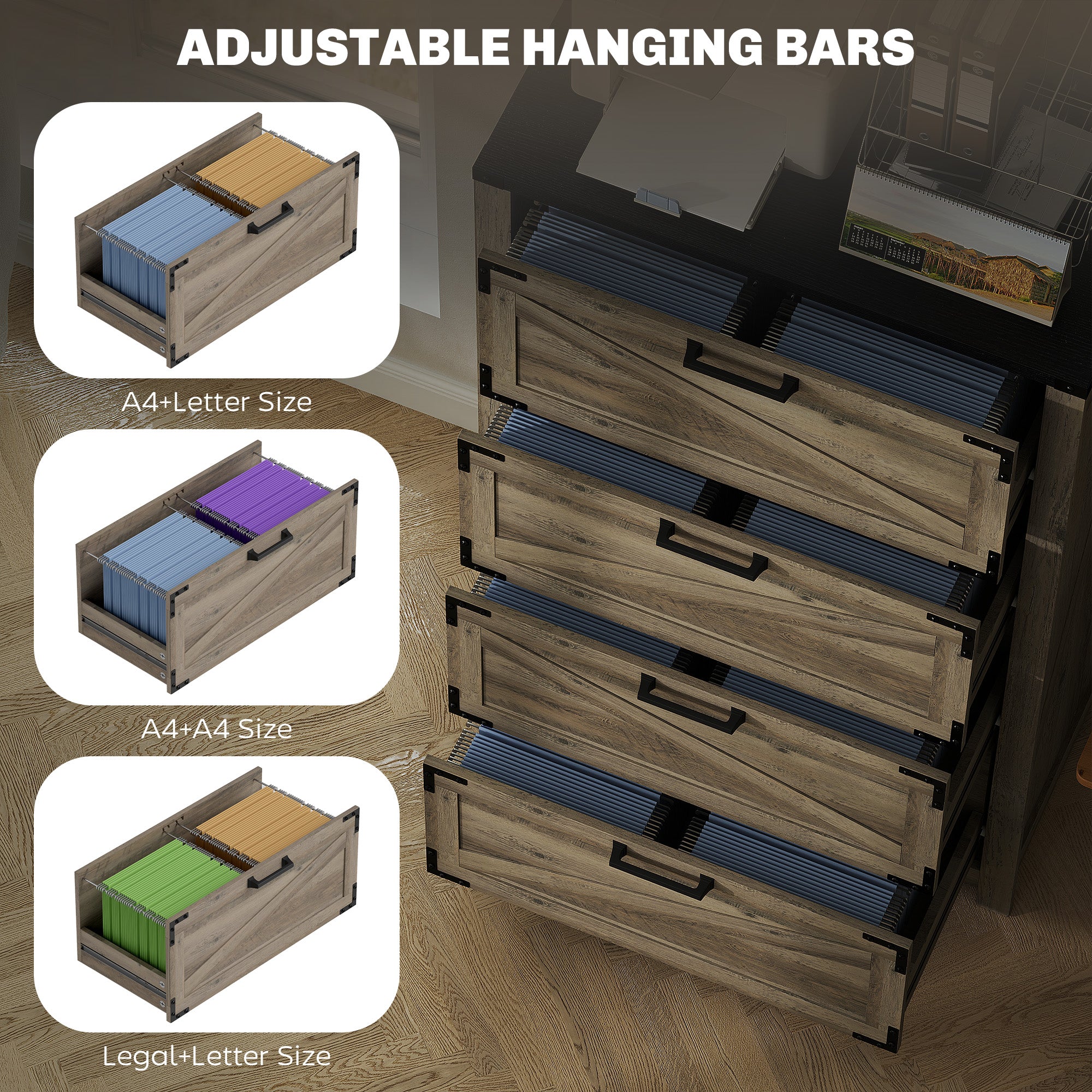 4 Drawer Filing Cabinet, Farmhouse Office Storage Cabinet with Adjustable Hanging Bars for Letter, A4, Legal Size, Grey Office Cabinets & Cupboards at Gallery Canada