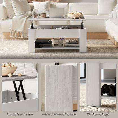 Lift Top Coffee Table with Hidden Storage Compartment and Open Shelf, Center Table for Living Room, White Coffee Tables   at Gallery Canada