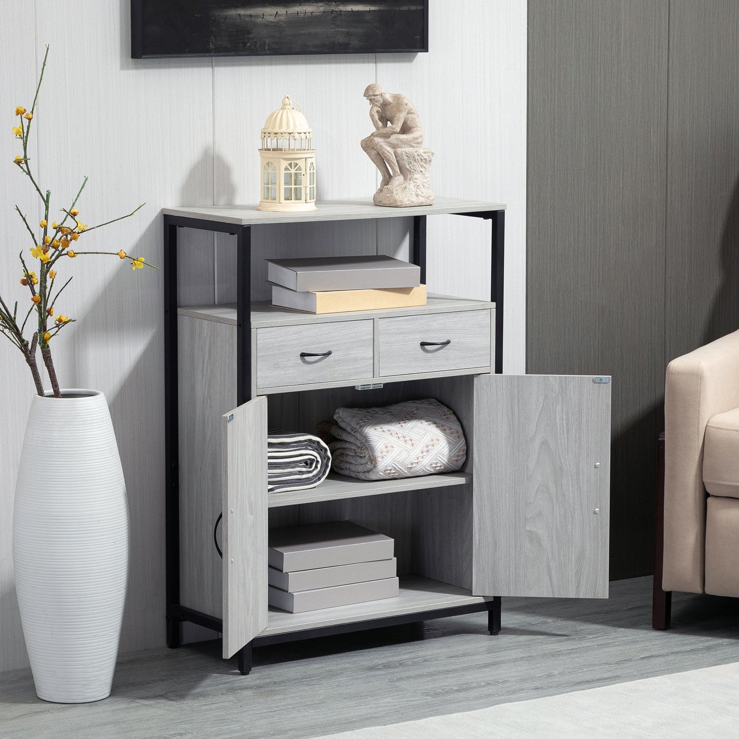 Storage Cabinet, Sideboard with 2 Drawers and Adjustable Shelves for Living Room, Light Grey Storage Cabinets   at Gallery Canada