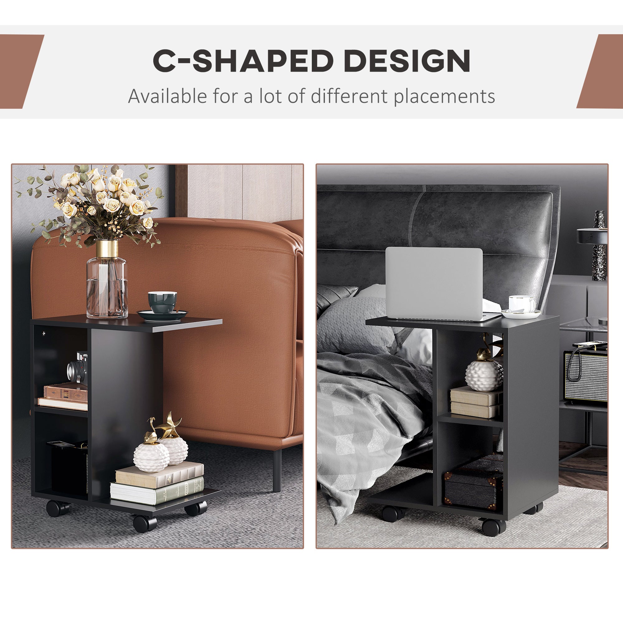 C-Shape Side Table End Table with Storage Open Shelf, Coffee Table on Wheels for Home Office Studio Black Side Tables   at Gallery Canada