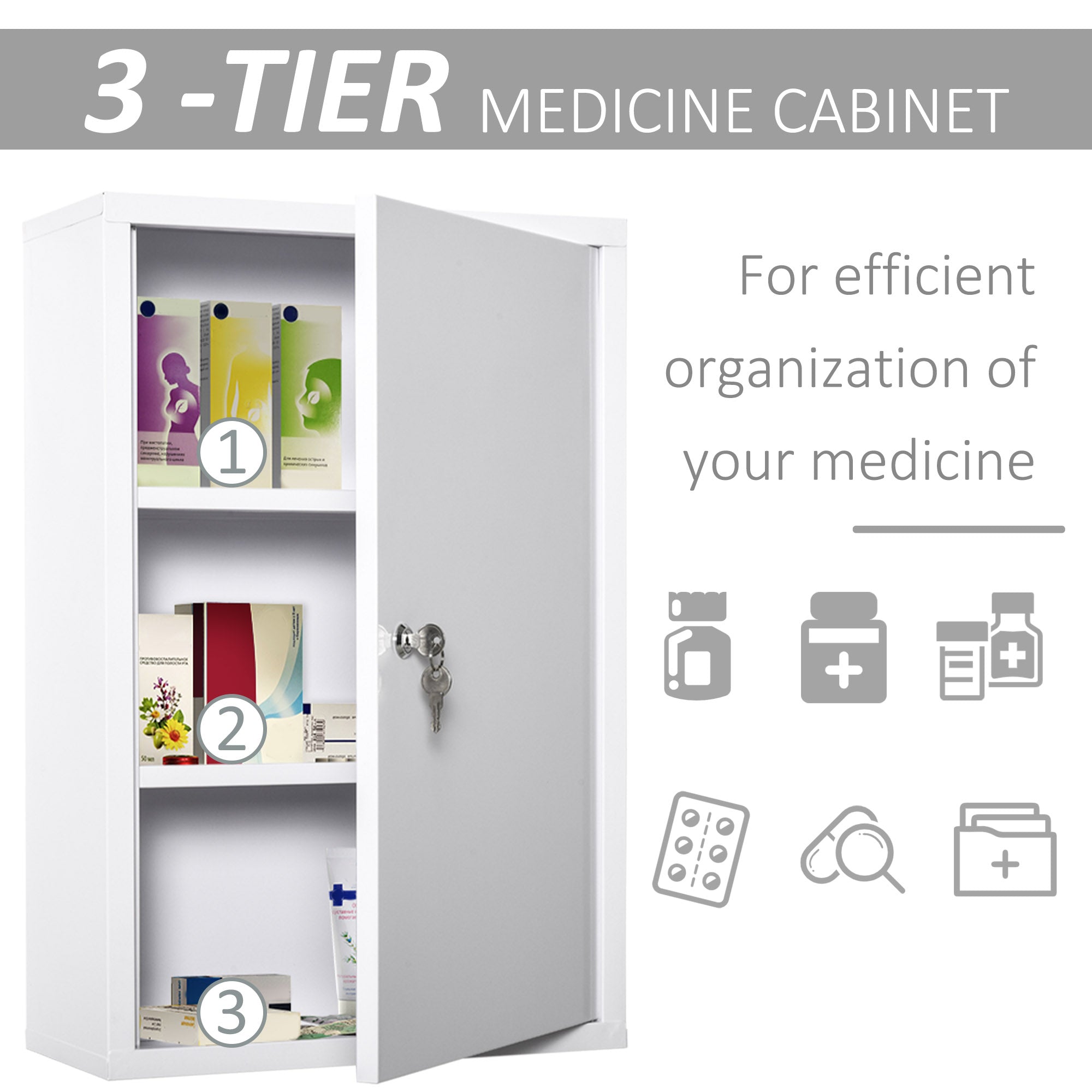 Wall Mount Medicine Cabinet 3 Tier Steel Emergency Box for Bathroom, Lockable with 2 Keys, White Wall Mounted Cabinets   at Gallery Canada