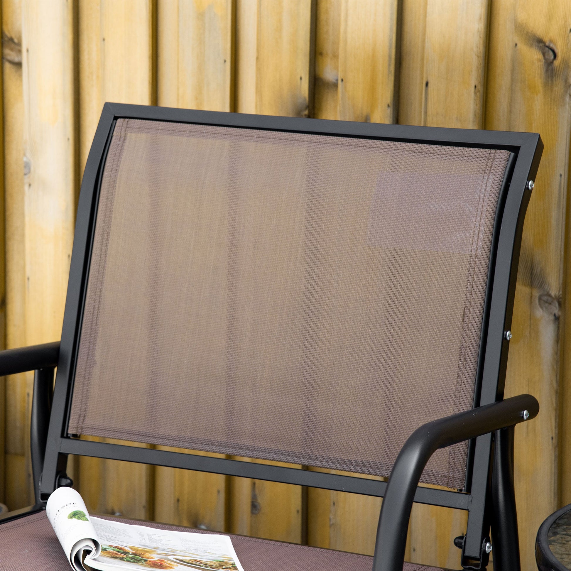 Breathable Mesh Patio Glider Swing Chair with Metal Frame and Curved Armrests, Brown Outdoor Gliders   at Gallery Canada