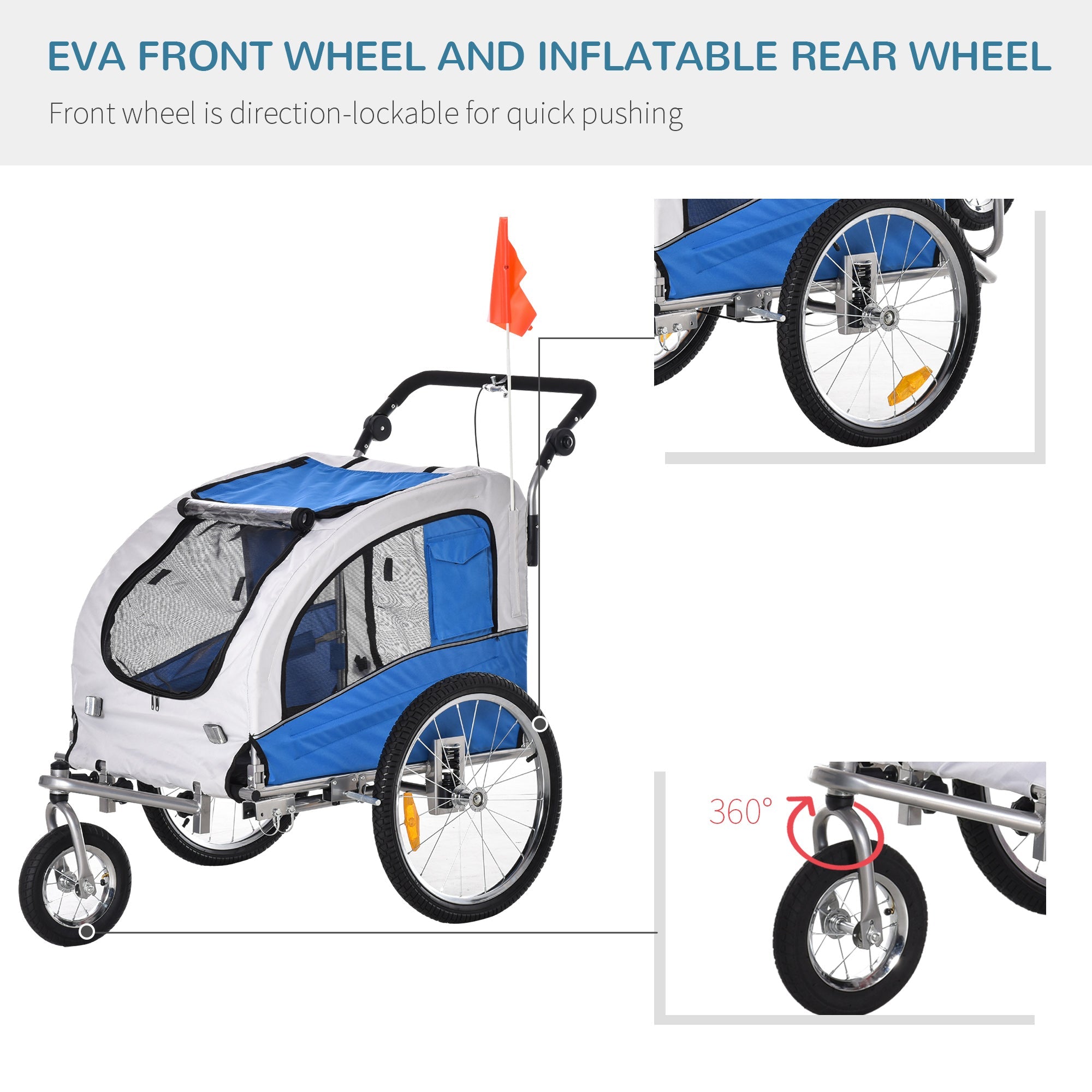 Dog Bike Trailer 2-In-1 Pet Stroller Cart Bicycle Wagon Cargo Carrier Attachment for Travel with Suspension, Hitch, Storage Pockets, Blue Dog Bike Trailers & Strollers   at Gallery Canada