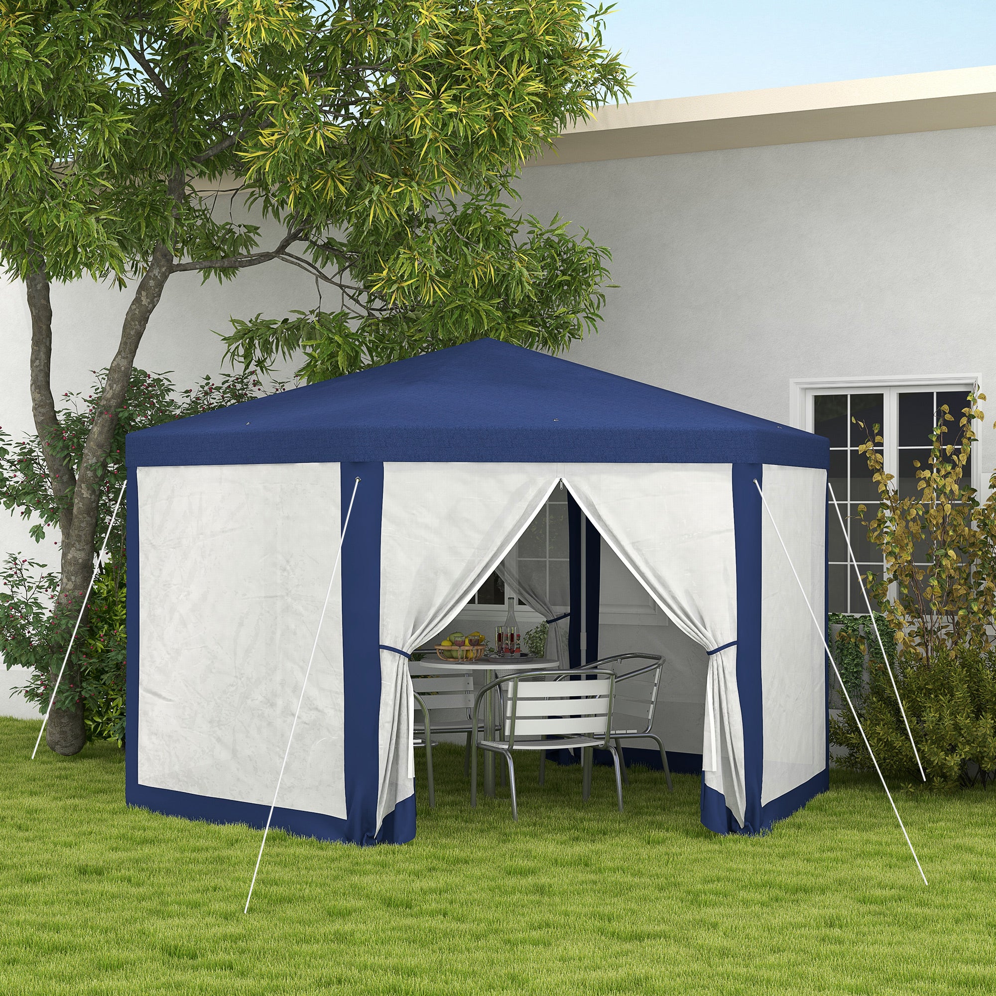 Hexagon Party Tent, Patio Gazebo with Netting Mesh, Blue Canopy Tents at Gallery Canada