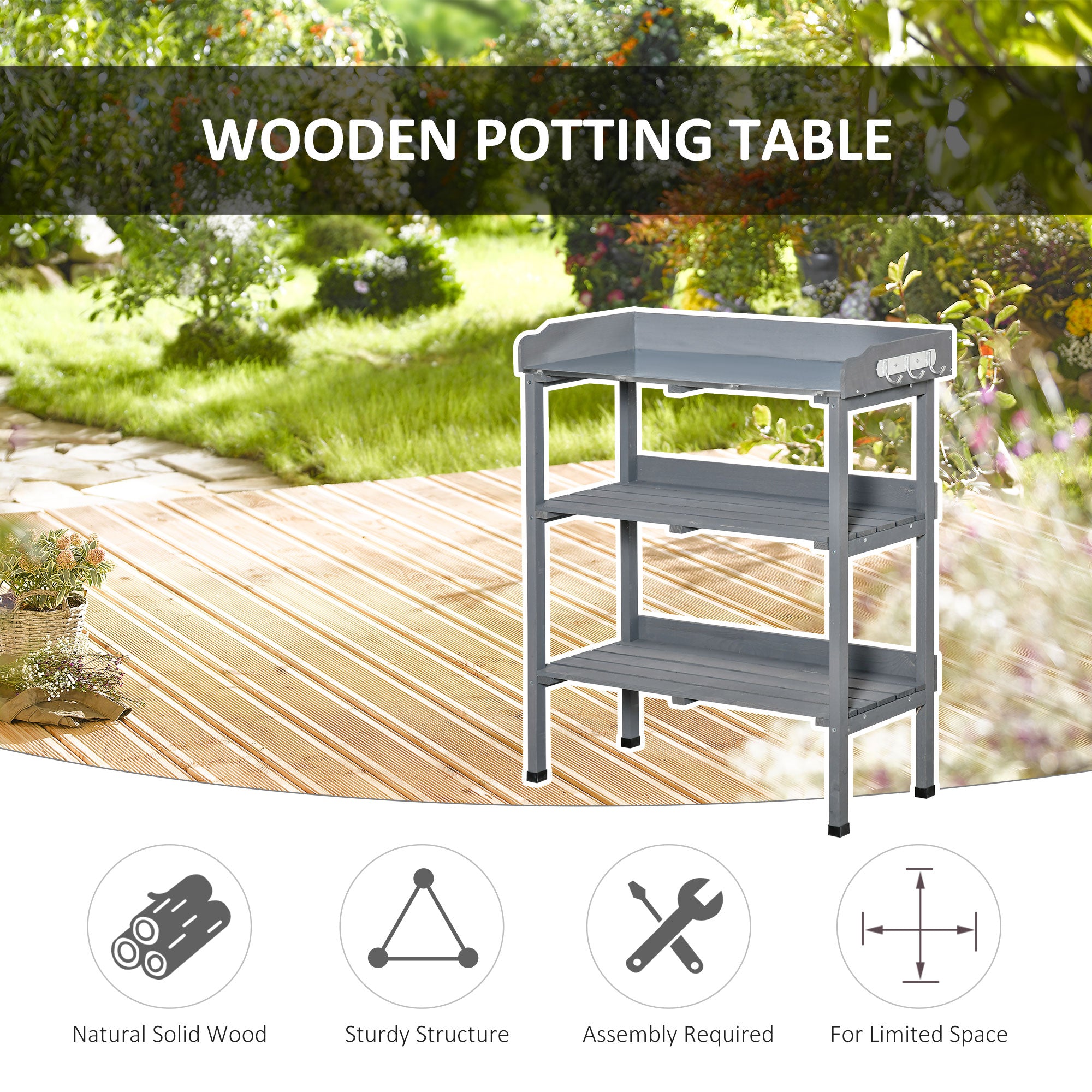 Outdoor Garden Wooden Potting Bench Work Station Table Tool Storage Shelf w/ Hooks, Grey Potting Benches & Tables at Gallery Canada