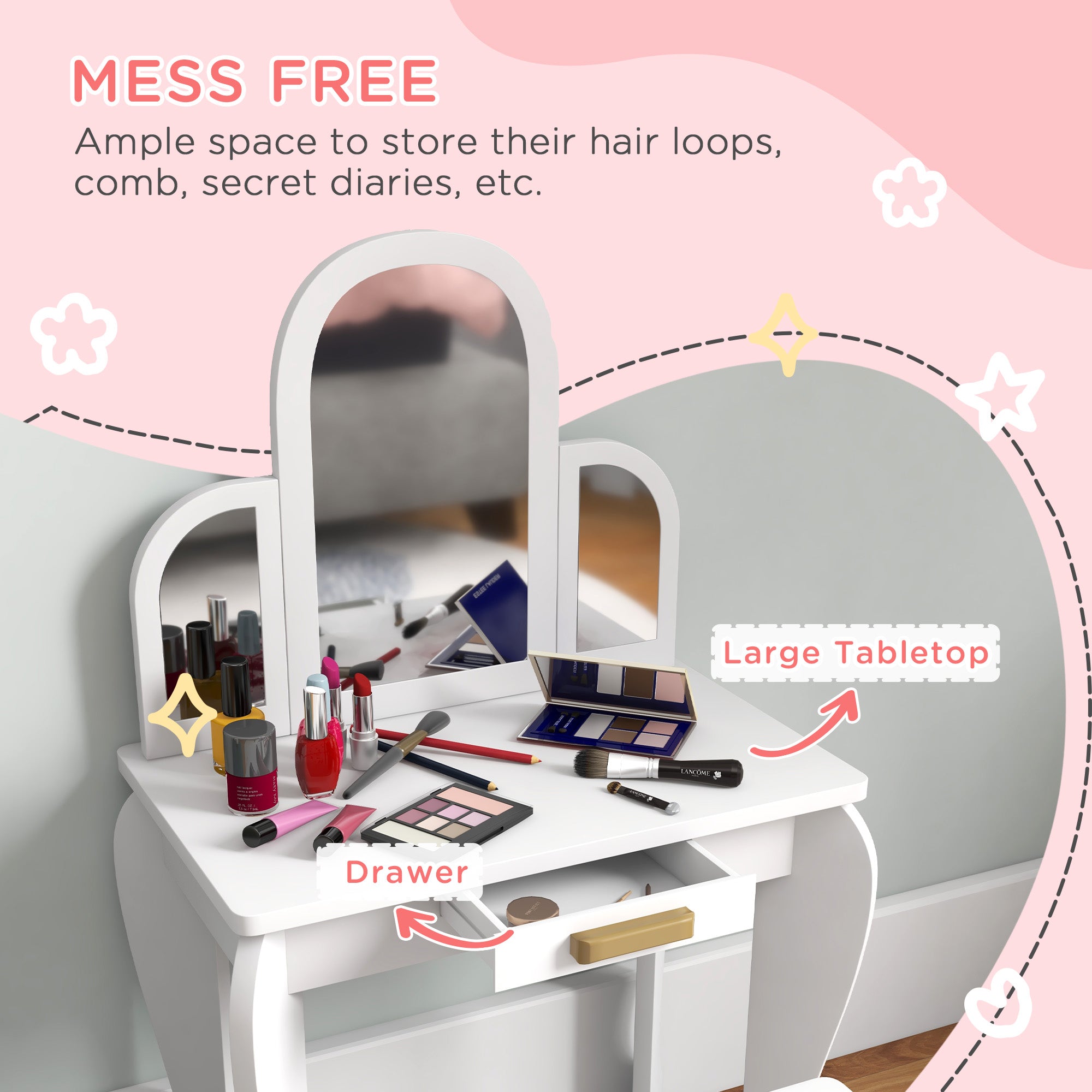 Kids Dressing Table and Chair Set, Girls Dressing Set, Makeup Desk with Drawer for 3-6 Years Old Kids, White Toy Vanity at Gallery Canada