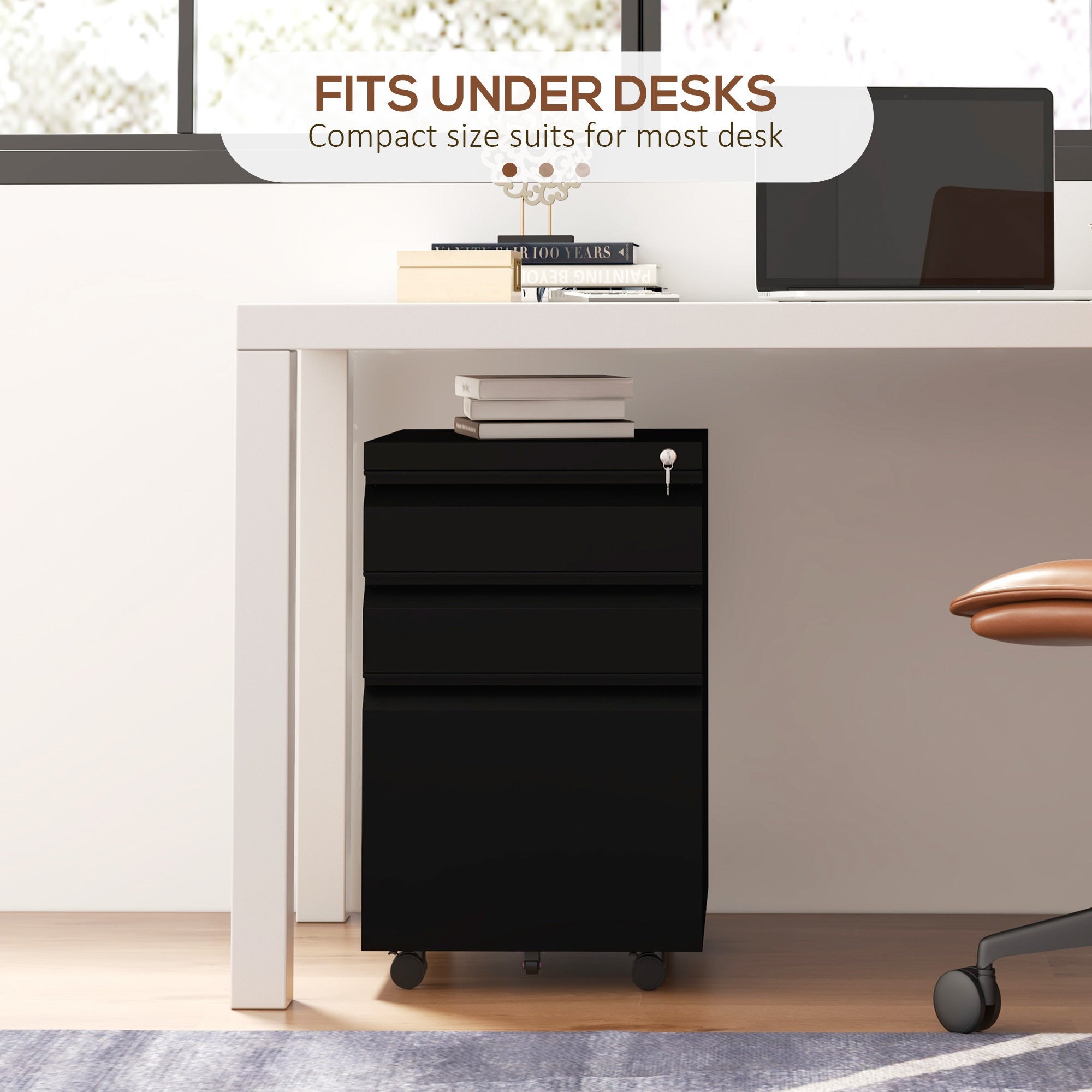 3 Drawer Vertical File Cabinet with Lock, Steel Filing Cabinet with Wheels and Hanging Bar for A4 Legal and Letter Size Files, Printer Stand with Pre-Assembled Body, Black Office Cabinets & Cupboards at Gallery Canada