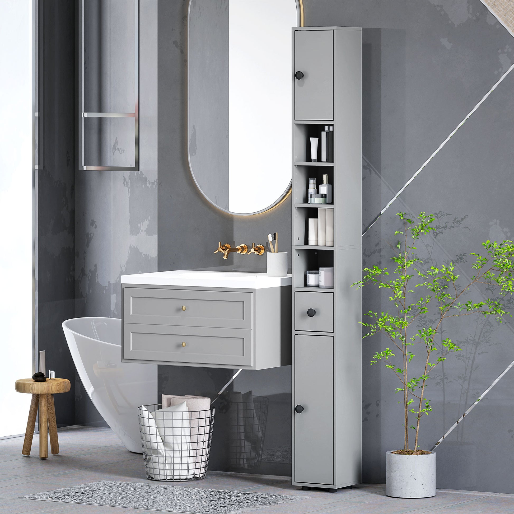 71" Tall Bathroom Cabinet, Narrow Toilet Paper Cabinet with Open Shelves, 2 Door Cabinets, Adjustable Shelves, Grey Bathroom Cabinets Grey  at Gallery Canada