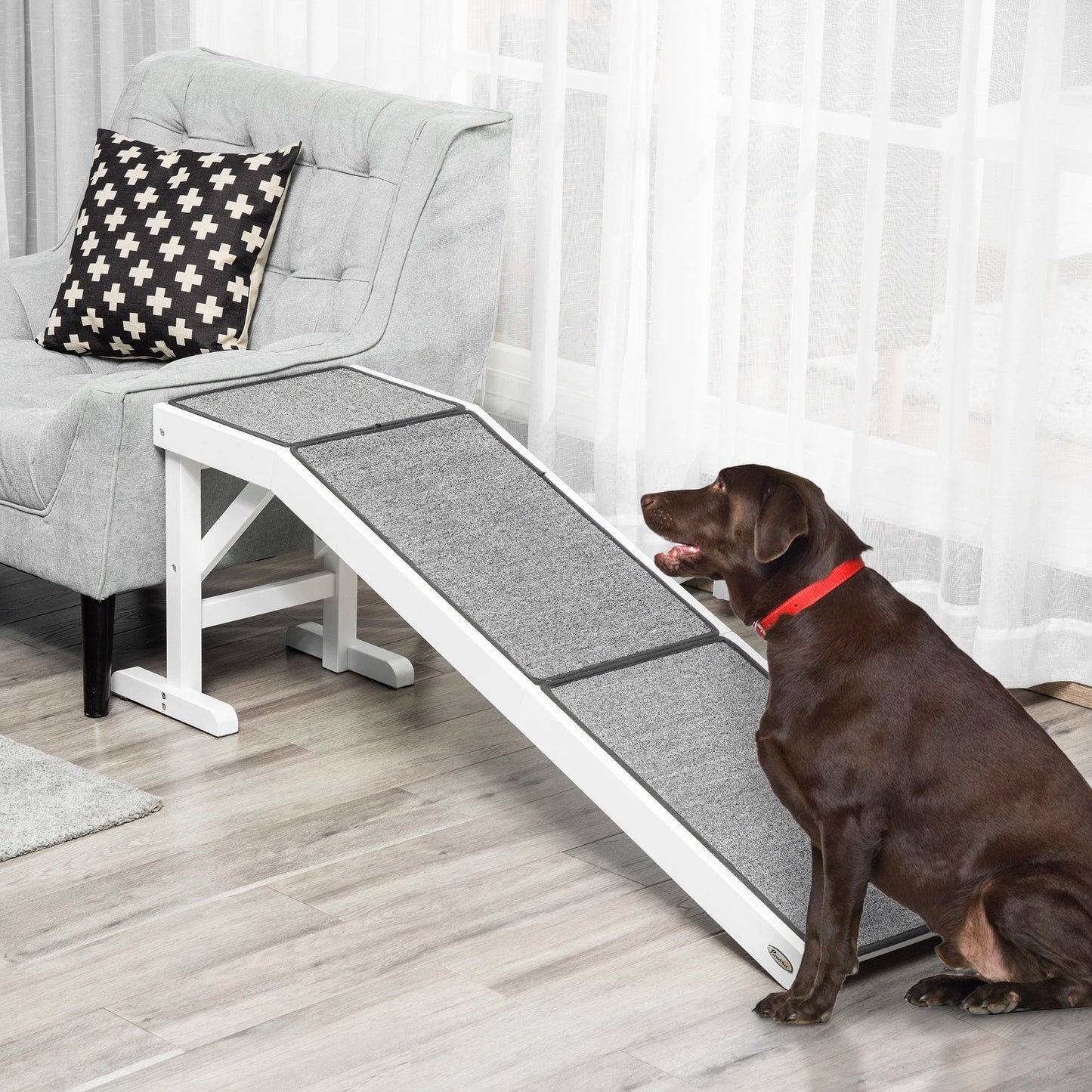 Pet Ramp Bed Steps for Dogs Cats Non-slip Carpet Top Platform Pine Wood 59"L x 16"W x 20"H White Grey Dog Stairs   at Gallery Canada