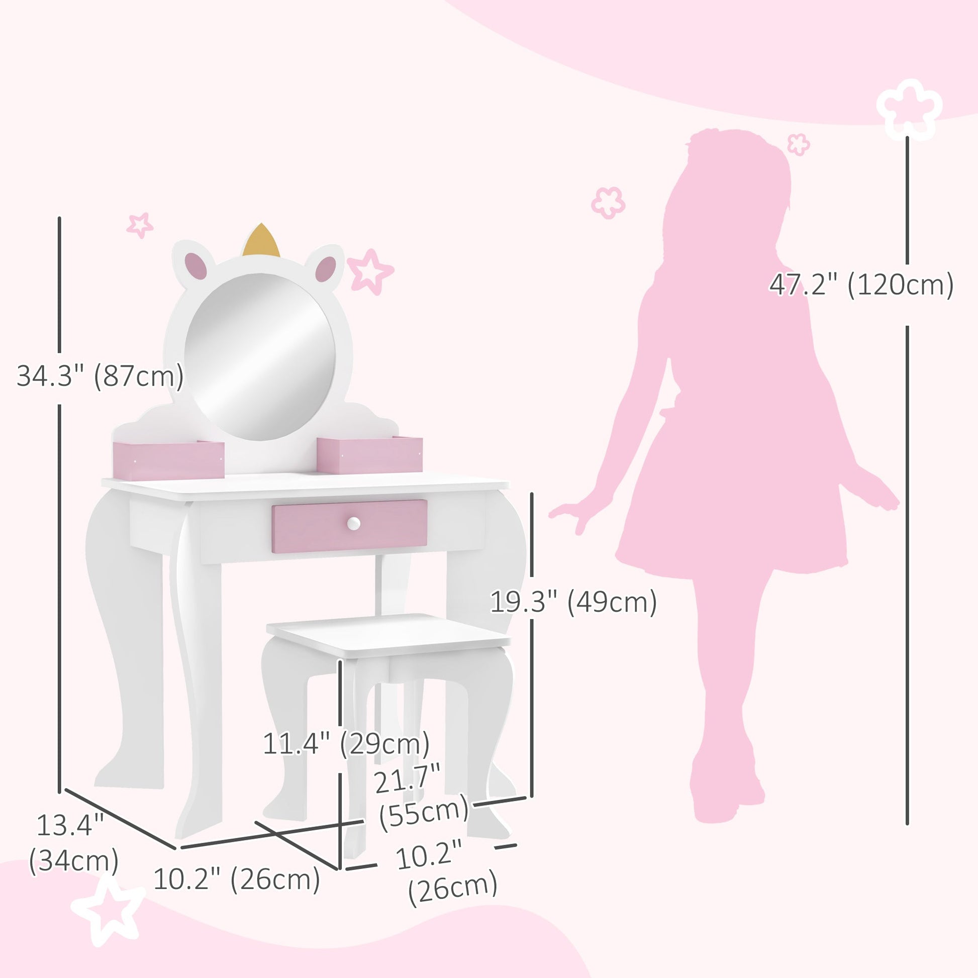 Kids Makeup Vanity Set with Stool, Mirror, Drawer, Storage Boxes, Unicorn Design, White Toy Vanity   at Gallery Canada