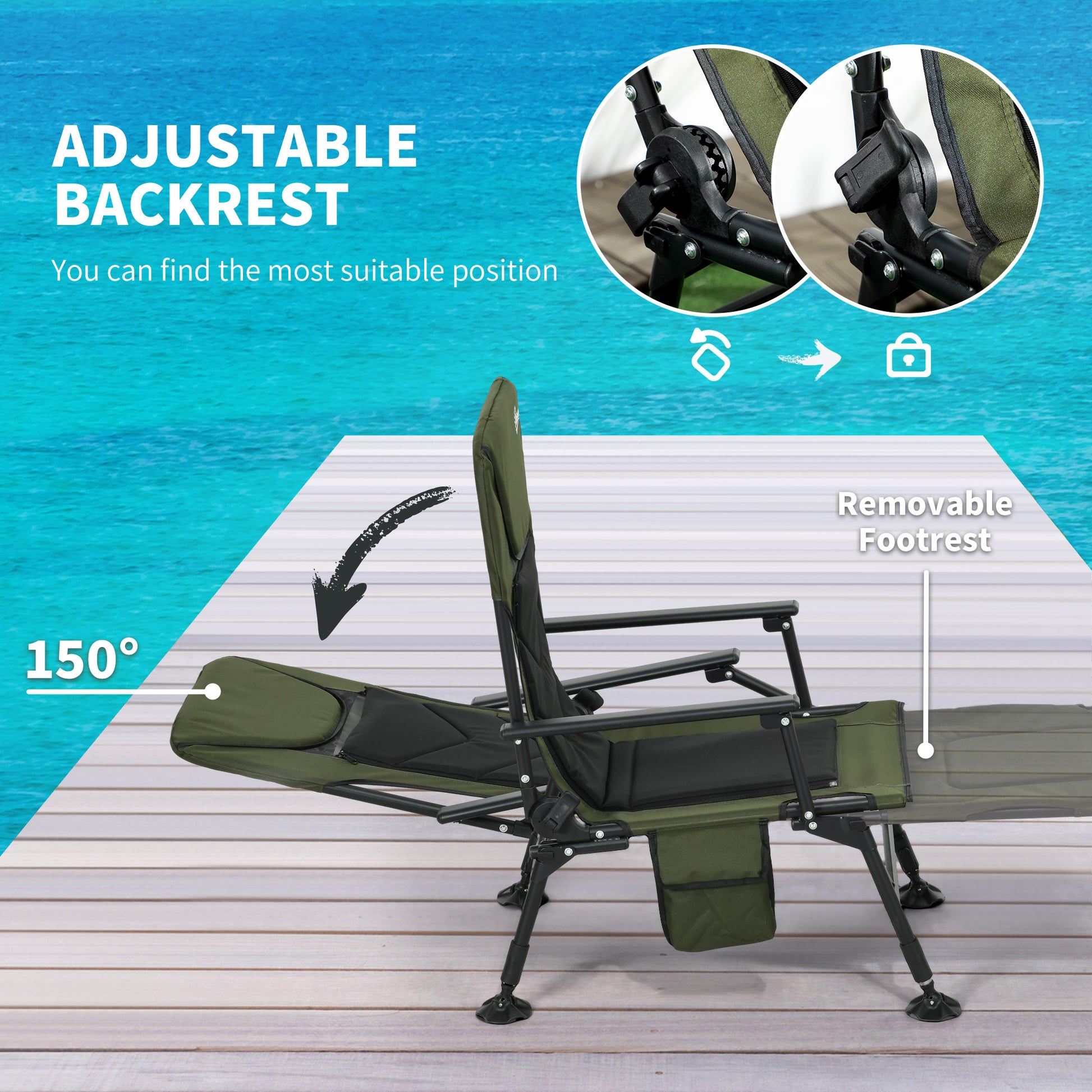 Folding Fishing Chair, 330 lb Heavy Duty Camping Chair with Reclining Backrest, Footrest, Adjustable Legs, Dark Green Picnic Tables & Camping Chairs   at Gallery Canada