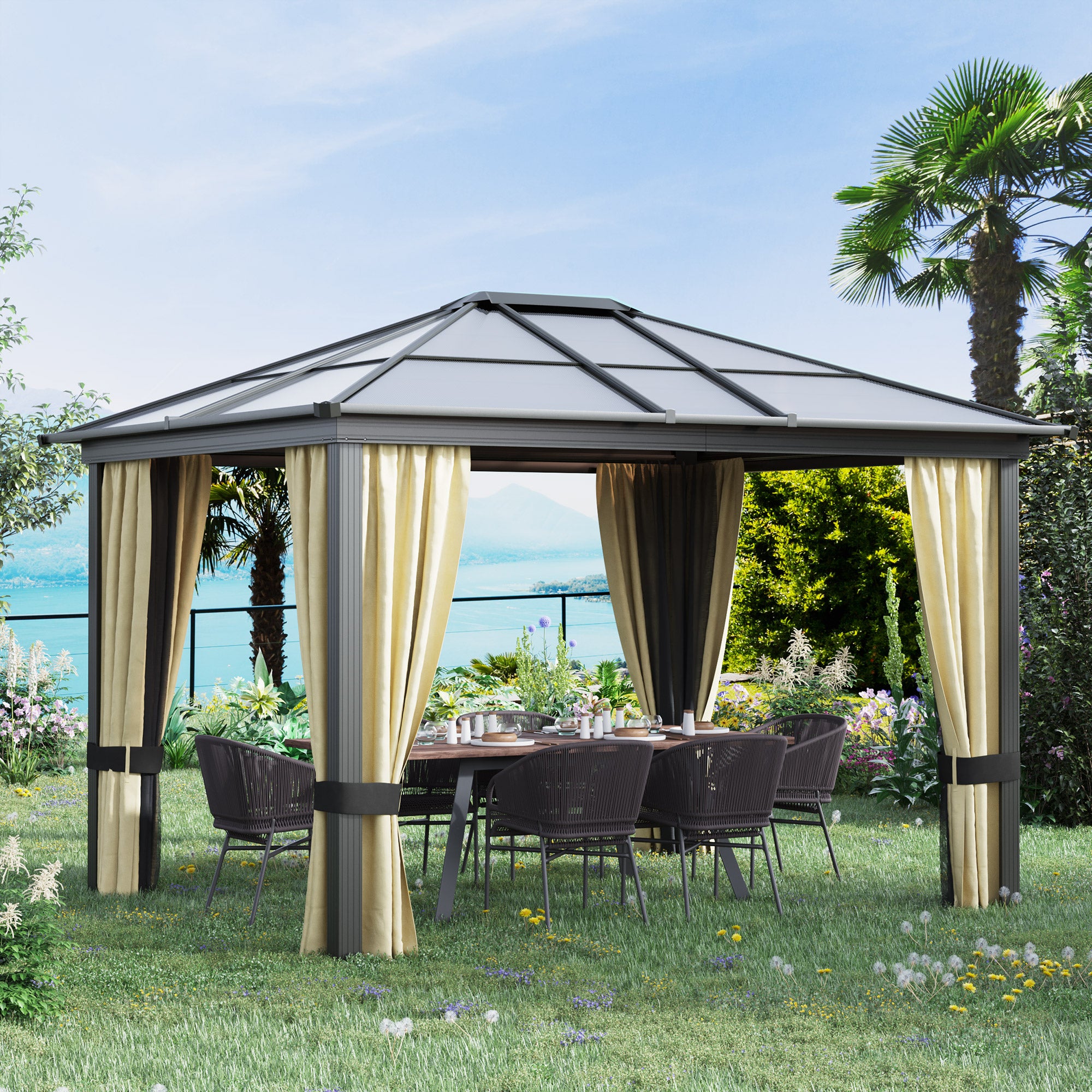 10' x 12' Hard Top Gazebo Canopy Sunshelter Waterproof Sun Shade with Sidewalls and Mosquito Netting Gazebos at Gallery Canada