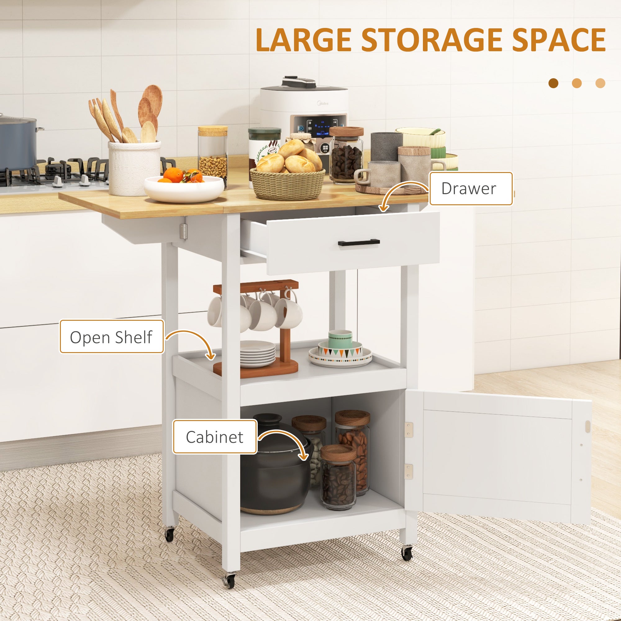 Foldable Kitchen Island with Storage Drawer, Wood Top Coffee Cart on Wheels, Kitchen Cart with Cabinet, White Kitchen Islands & Kitchen Carts   at Gallery Canada