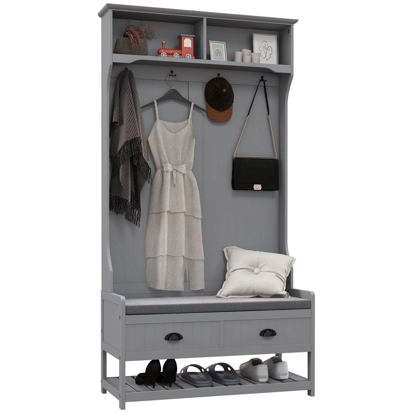 Clothing Storage, Coat Stand, Shoe Storage Bench Organizer with Coat Hanger, Drawers Padded Seat Cushion Grey Clothing Storage   at Gallery Canada