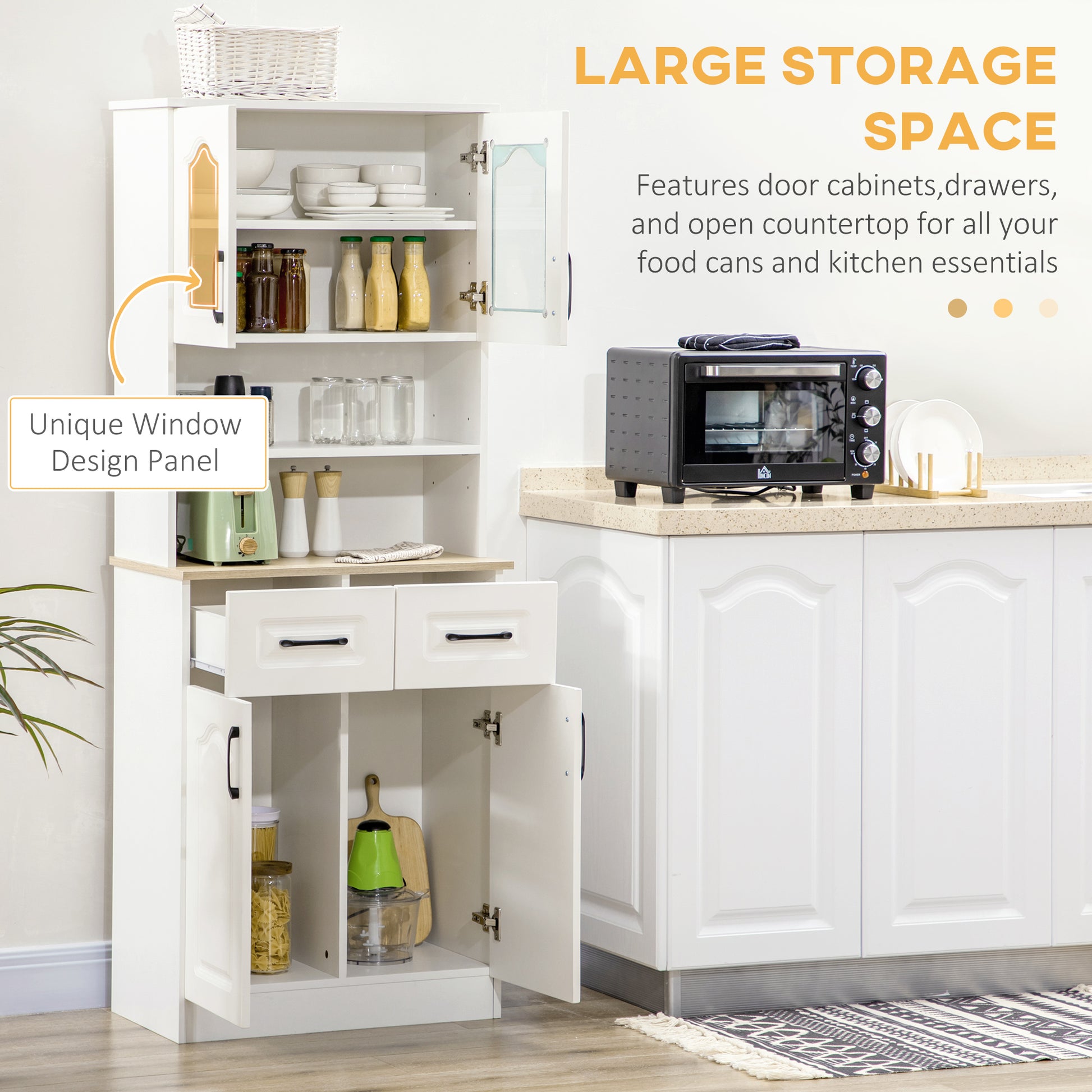 66" Buffet with Hutch, Kitchen Pantry, Freestanding Storage Cabinet with 2 Adjustable Shelves, 2 Drawers and Open Counter, White Kitchen Pantry Cabinets   at Gallery Canada