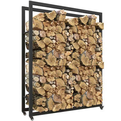 Outdoor Firewood Rack with Wheels Heavy Duty Steel Wood Log Storage Stacker for Fireplace, Black Firewood Racks   at Gallery Canada