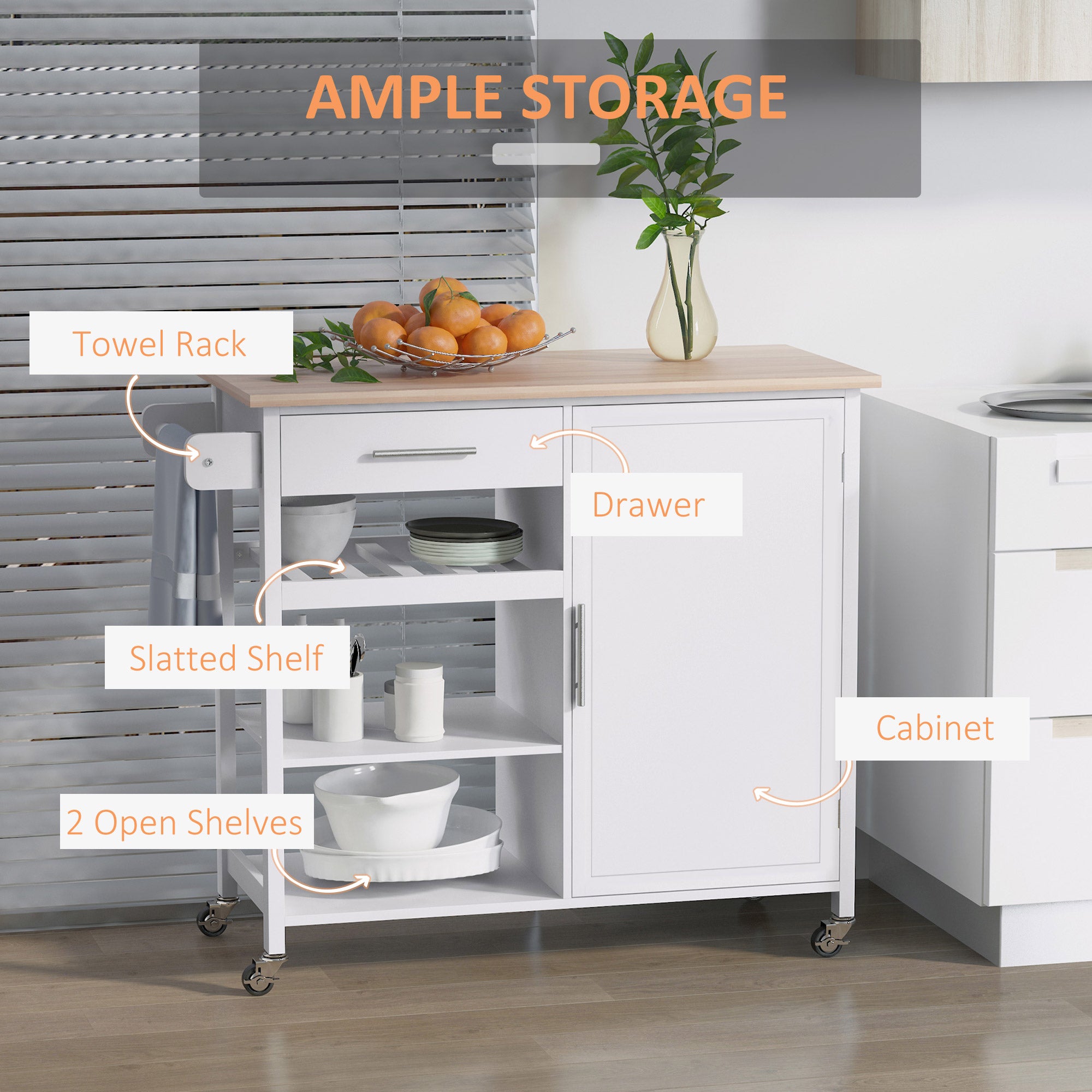 4-Tier Rolling Kitchen Island Utility Trolley Serving Cart Kitchen Storage Cart w/ Towel Rack, Butcher Block Countertop, Cabinet, Drawer, Shelves, White Kitchen Islands & Kitchen Carts at Gallery Canada