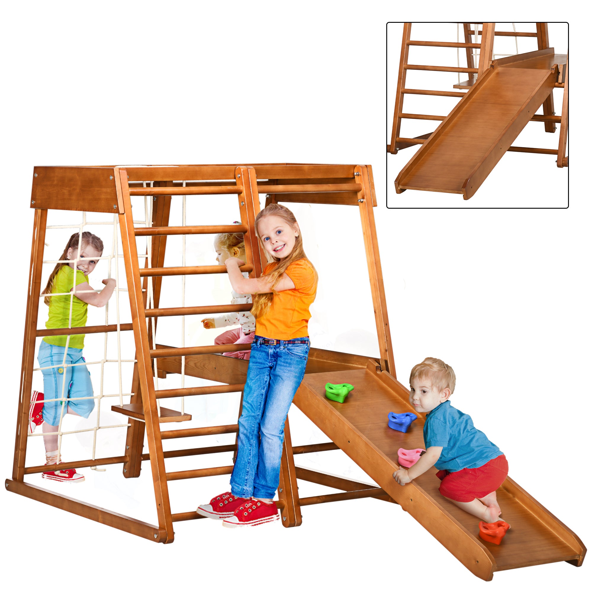 6-in-1 Kids Indoor Playground Jungle Gym with Slide, Climbing Wall, Rope Climber, Monkey Bars, Swing, Ladder, Toddler Climbing Toys for 3-10 Years Old Toddler & Kids Step Stools Brown at Gallery Canada