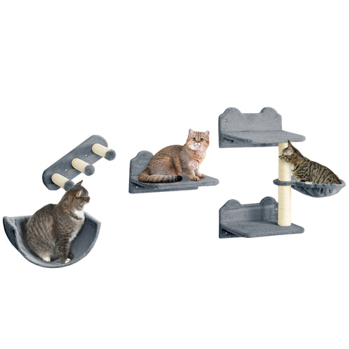Cat Wall Shelves, 3PCs Cat Shelves with Hammock, Scratching Post, 3 Steps, Jumping Platforms, Wall Mounted Cat Climber, Grey