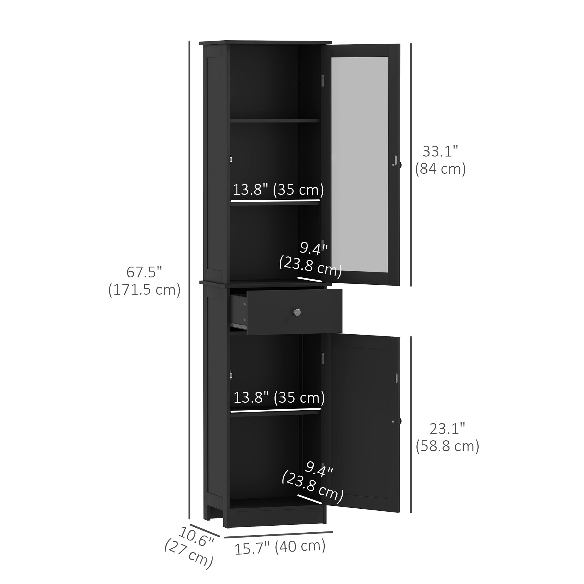 Tall Bathroom Cabinet, Bathroom Storage Cabinet with Drawers, 2 Doors and Adjustable Shelves, Black Bathroom Cabinets at Gallery Canada