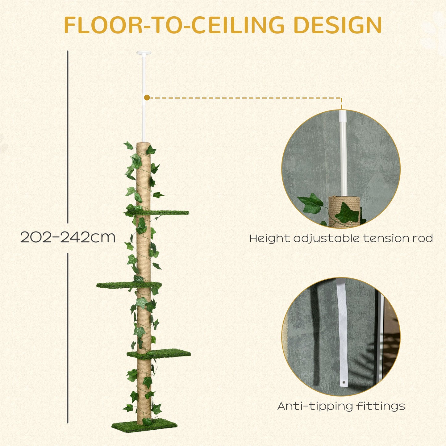 Adjustable 4-Tier Floor to Ceiling Cat Tree with Scratching Post, Green/Yellow Floor to Ceiling Cat Trees   at Gallery Canada