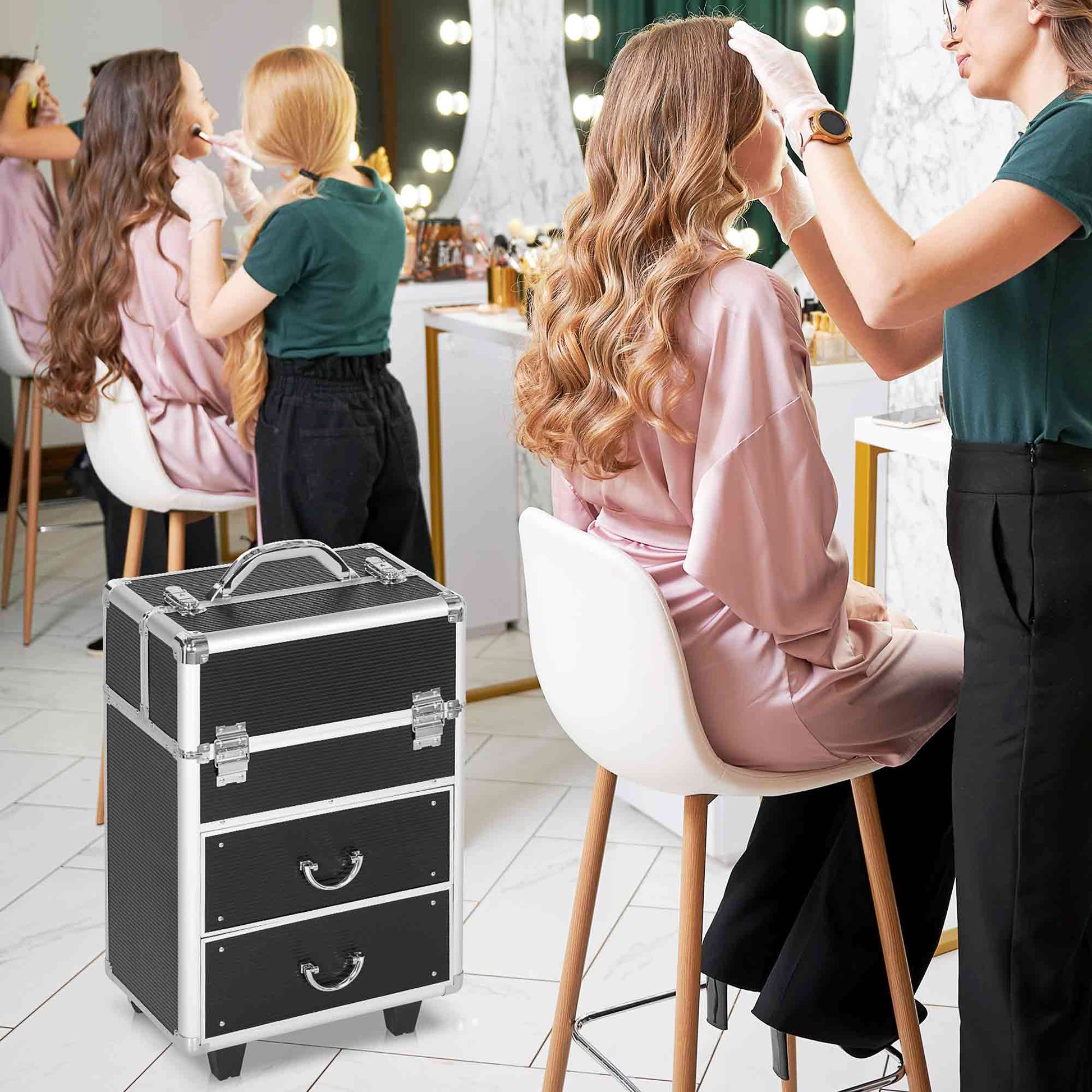 Rolling Makeup Train Case, Large Storage Cosmetic Trolley, Lockable Traveling Cart Trunk with Folding Trays, Swivel Wheels and Keys, Black Makeup Cases Black  at Gallery Canada