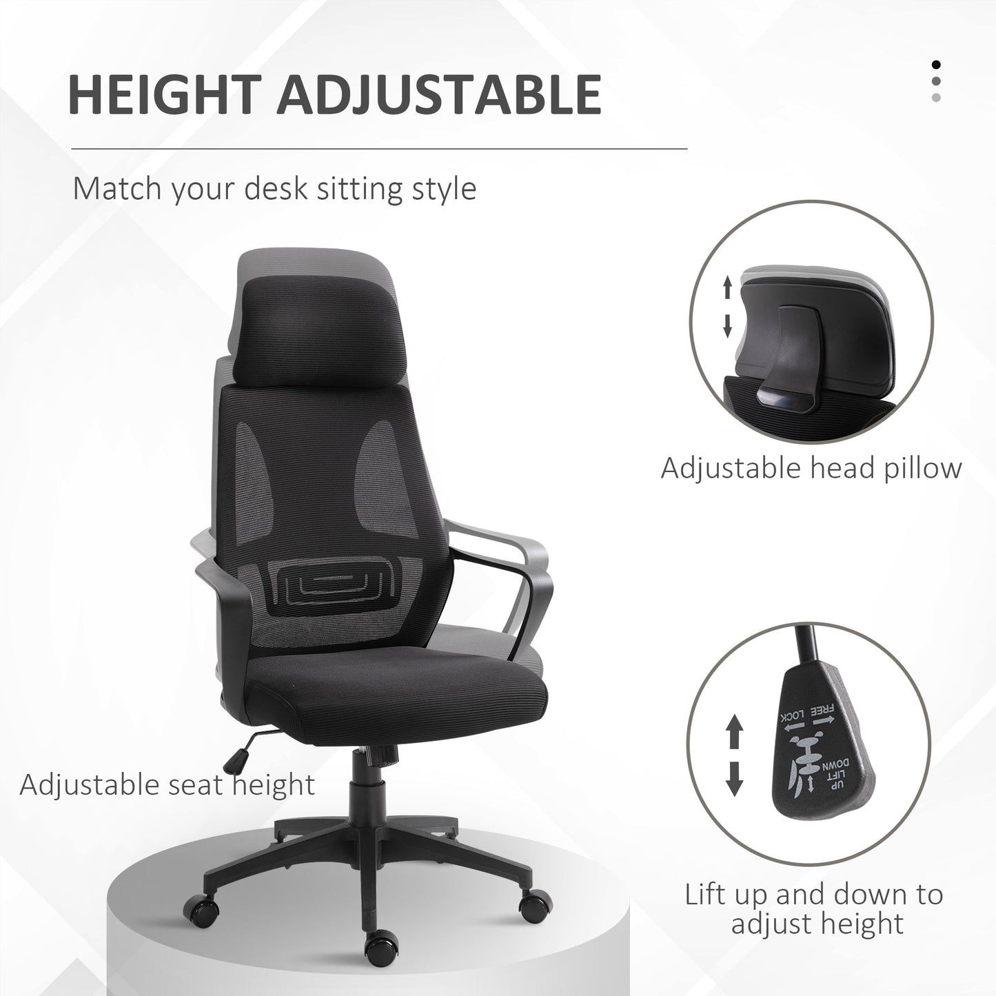 Breathable Office Chair with 2D Adjustable Headrest, Arm, Wheel, Mesh High Back Desk Chair, Black Task Chairs   at Gallery Canada