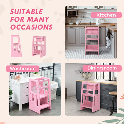 Toddler Kitchen Helper 2 Step Stool with Adjustable Height Platform and Safety Rail, Pink Toddler & Kids Step Stools   at Gallery Canada